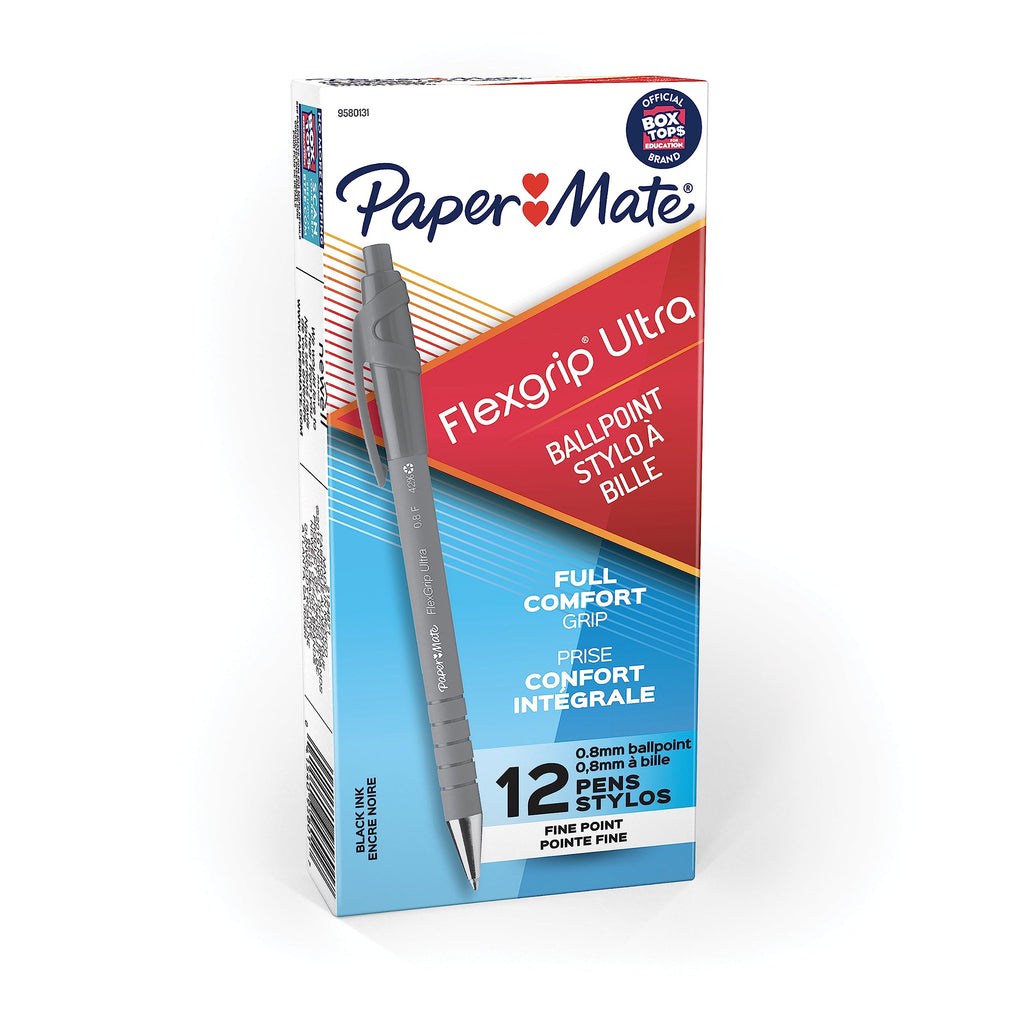 Paper Mate FlexGrip Ultra Retractable Ballpoint Pens, Fine Point (0.8 mm), Black, 12 Count