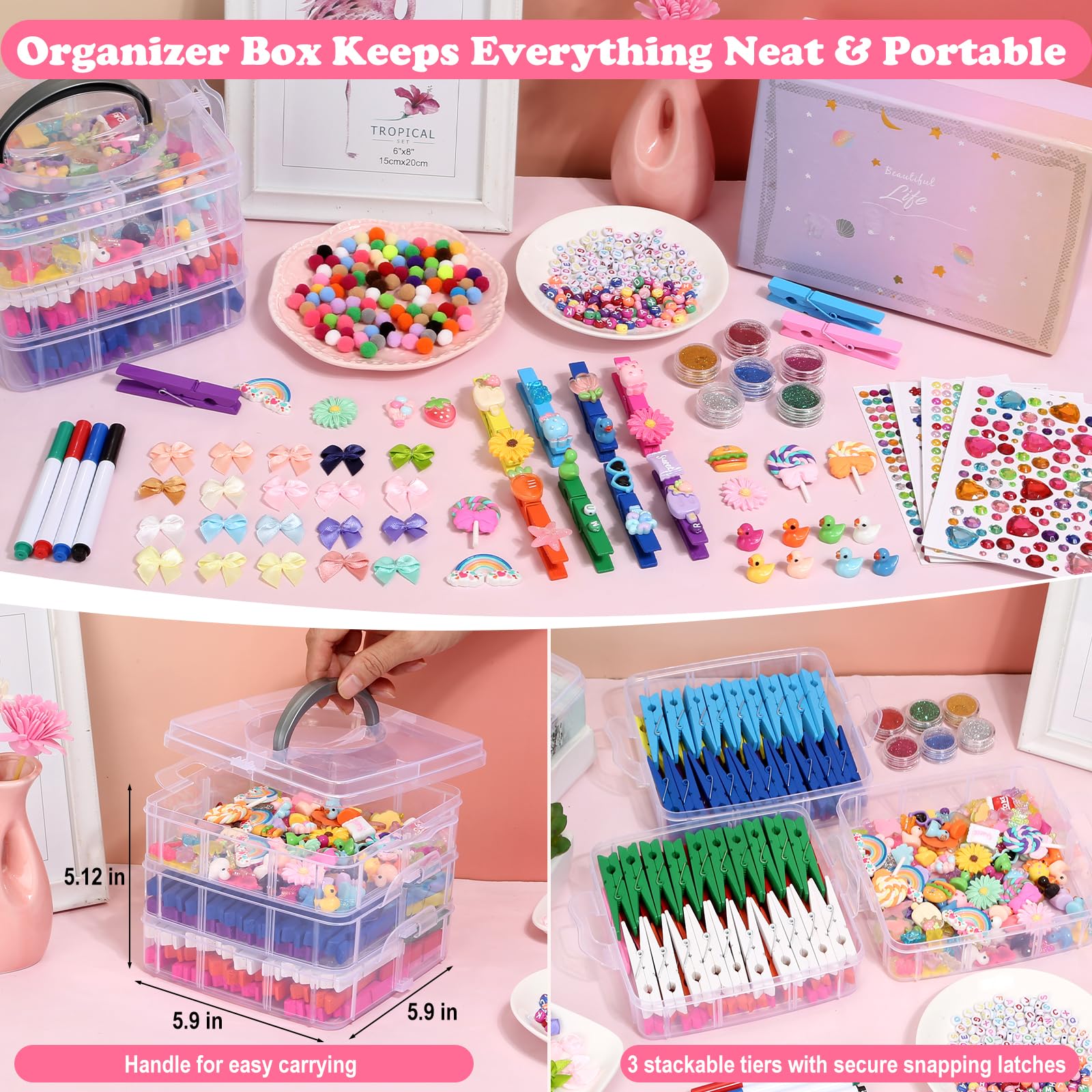 Cheer Pins Spirit Clip Set, 100 Colored Wooden Clothes Pins 340 Mini Resin Animals Ducks Letter Beads Bows Stickers Pen, Pin Decor for Cheerleading Backpack Ribbon Team Classroom Cheer Gift Bulk