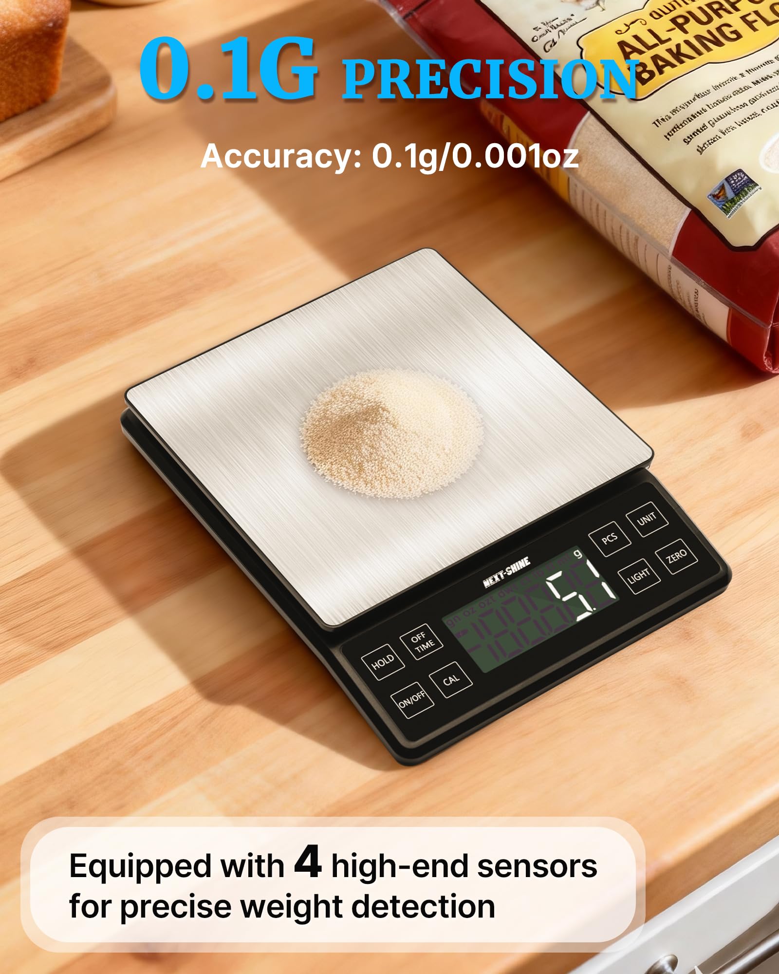 NEXT-SHINE Food Kitchen Scale 11lb/5kg, 0.1g High Precision & Type-C Rechargeable Digital Scale, Large Stainless Steel Platform with Backlit LCD for Baking, Cooking, Meal Prep (9 Units, Tray Included)