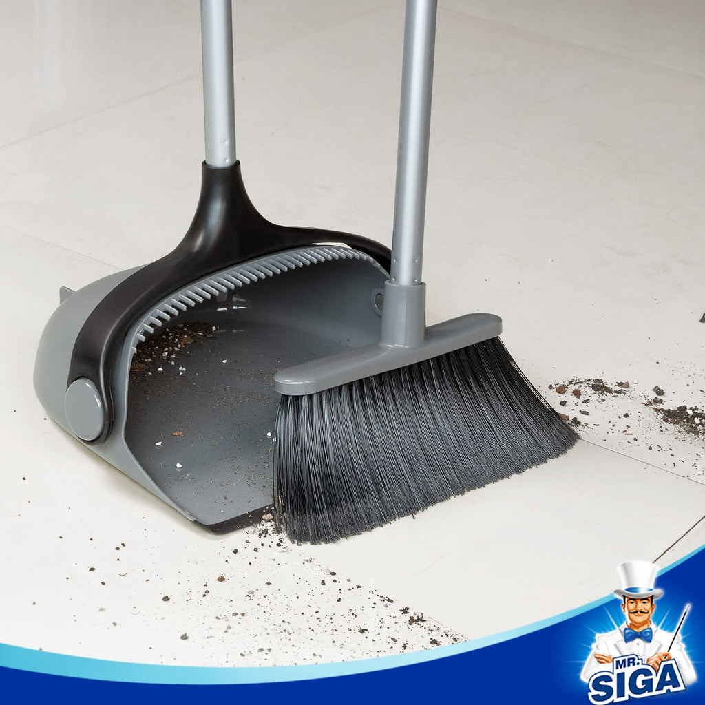 MR.SIGA Broom and Dustpan Set with Long Handle, Upright Broom and Dustpan Combo for Floor Cleaning, Lobby Broom with Adjustable Handle, Gray