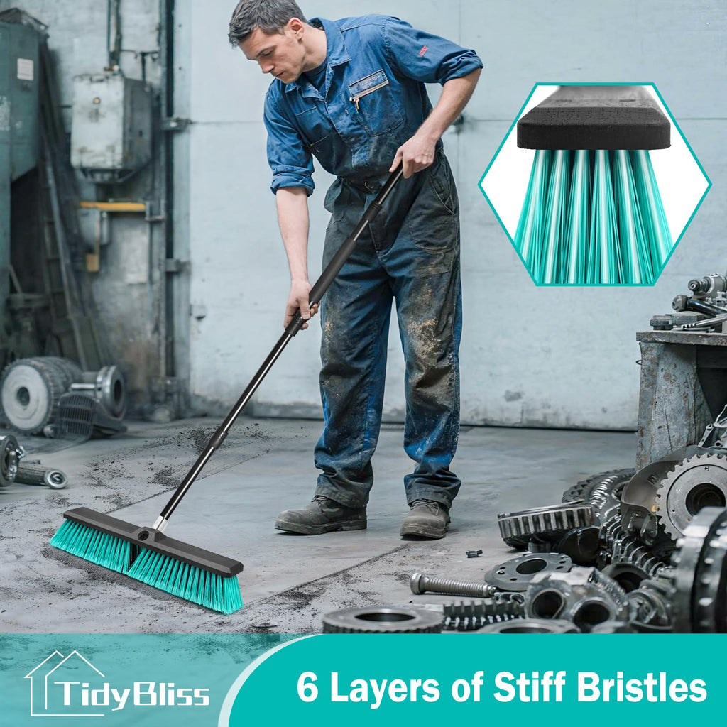 TidyBliss 18” Push Broom Outdoor Heavy Duty, Large Commercial Stiff Bristle Brush with 63 inches Long Handle for Garage Shop Garden Yard Patio Deck Street Warehouse Lawn Driveway (Green)