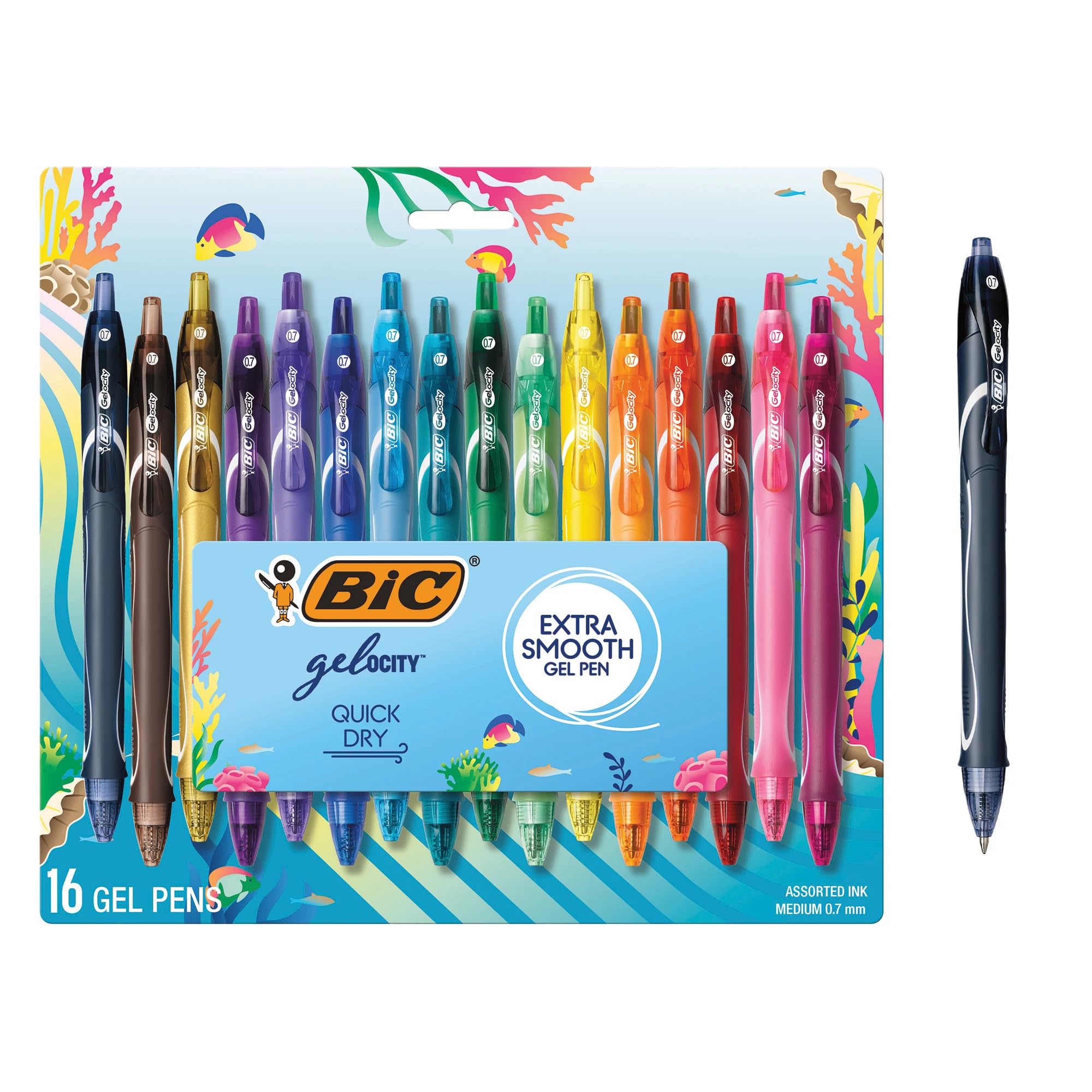 BIC Gelocity Quick Dry Ocean Themed Gel Pens, Medium Point (0.7mm), 16-Count Gel Pen Set (Assorted Colors May Vary), Colored Gel Pens for Note Taking and Journaling, Perfect Teachers