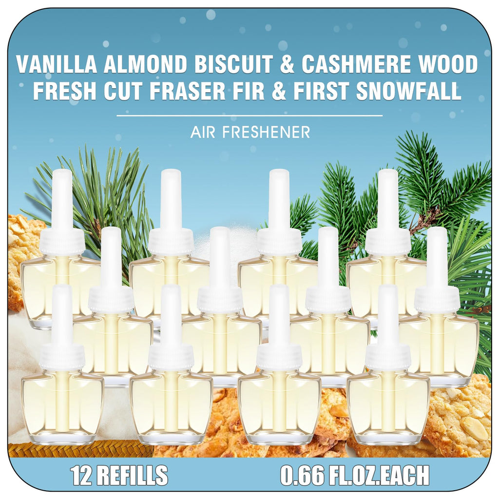 Plug in Scented Oil Refill, 12ct, Vanilla Almond Biscuit, Cashmere Wood, Fresh Cut Fraser Fir, First Snowfall, Wall Plug In Refill Oils for Home, Compatible with Air Wick & Glade, Not for Glade Plus