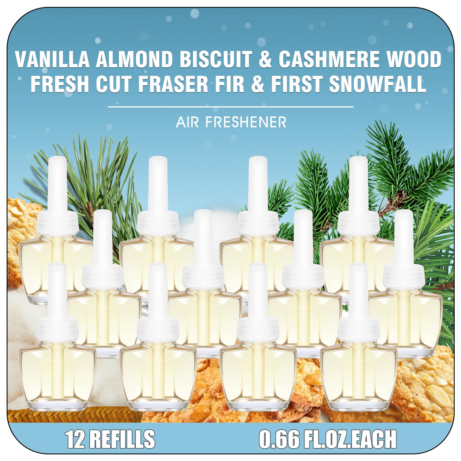 Plug in Scented Oil Refill, 12ct, Vanilla Almond Biscuit, Cashmere Wood, Fresh Cut Fraser Fir, First Snowfall, Wall Plug In Refill Oils for Home, Compatible with Air Wick & Glade, Not for Glade Plus