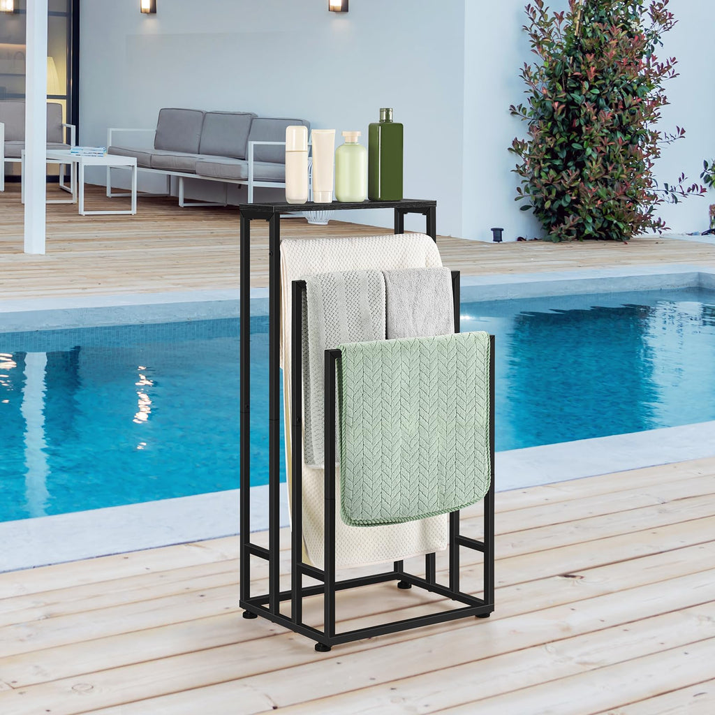 Freestanding Towel Rack 3 Tier Towel Drying Rack for Bathroom Standing Hand Towel Holder Black Towel Rack Stand with Storage Shelf for College Dorm Pool Side (Black)