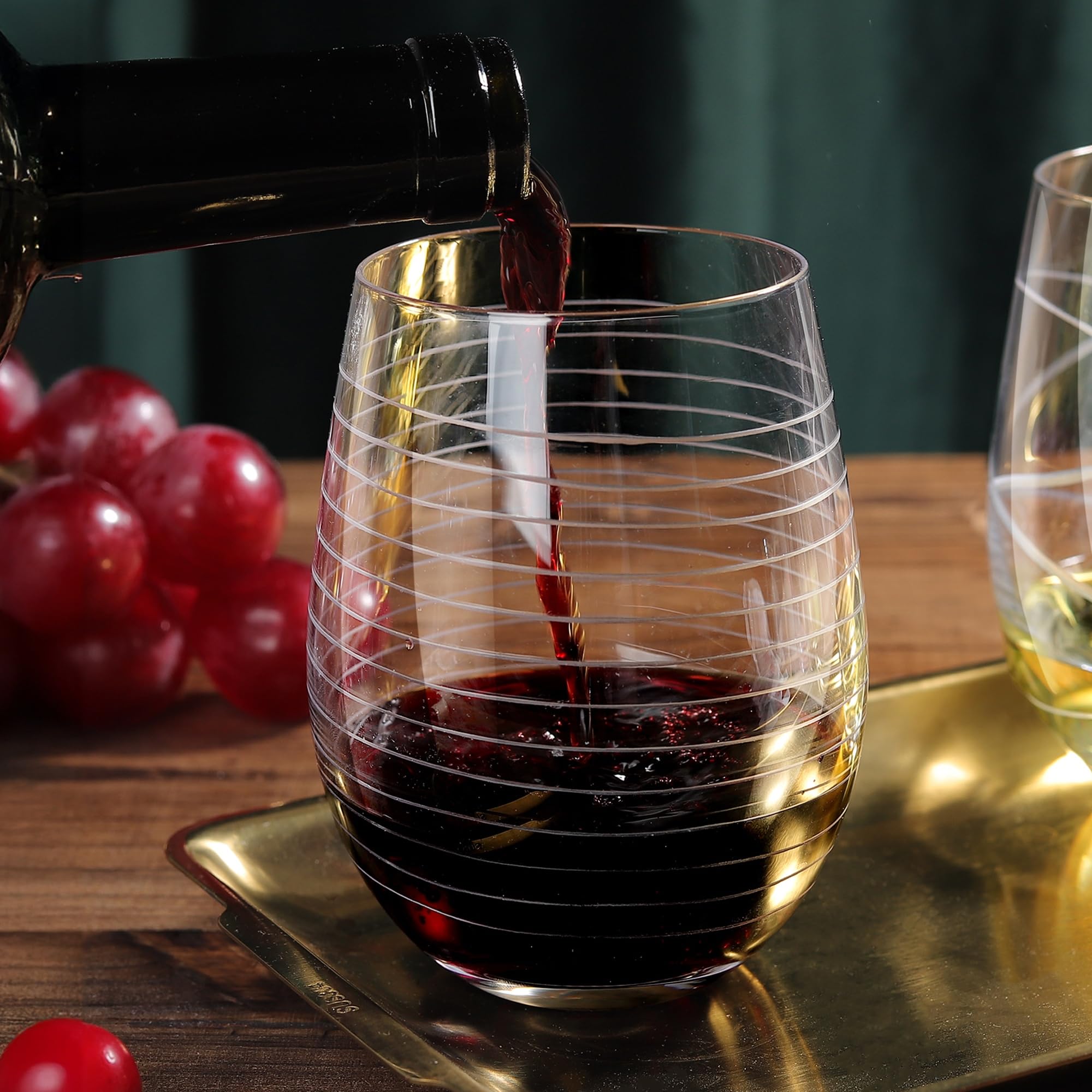 Joeyan 17.5 oz Handmade Etched Stemless Wine Glasses Set of 4, Carved Stripes Dots Crystal Wine Glasses, Large Glass Wine Tumblers for Wine Tasting, Wedding, Anniversary, Party