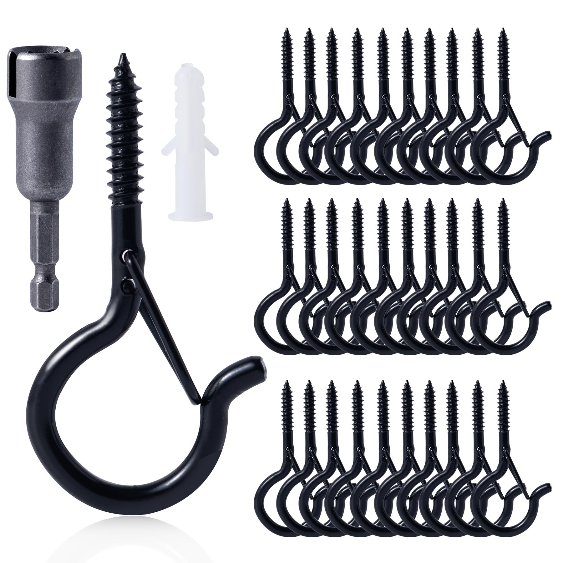 50 Pack Screw Hooks for Outdoor String Lights, Q Hangers String Light Hooks, Ceiling Hooks with Safety Buckles, Swivel Hanging Basket Patio Light Hooks for Plants Christmas Light