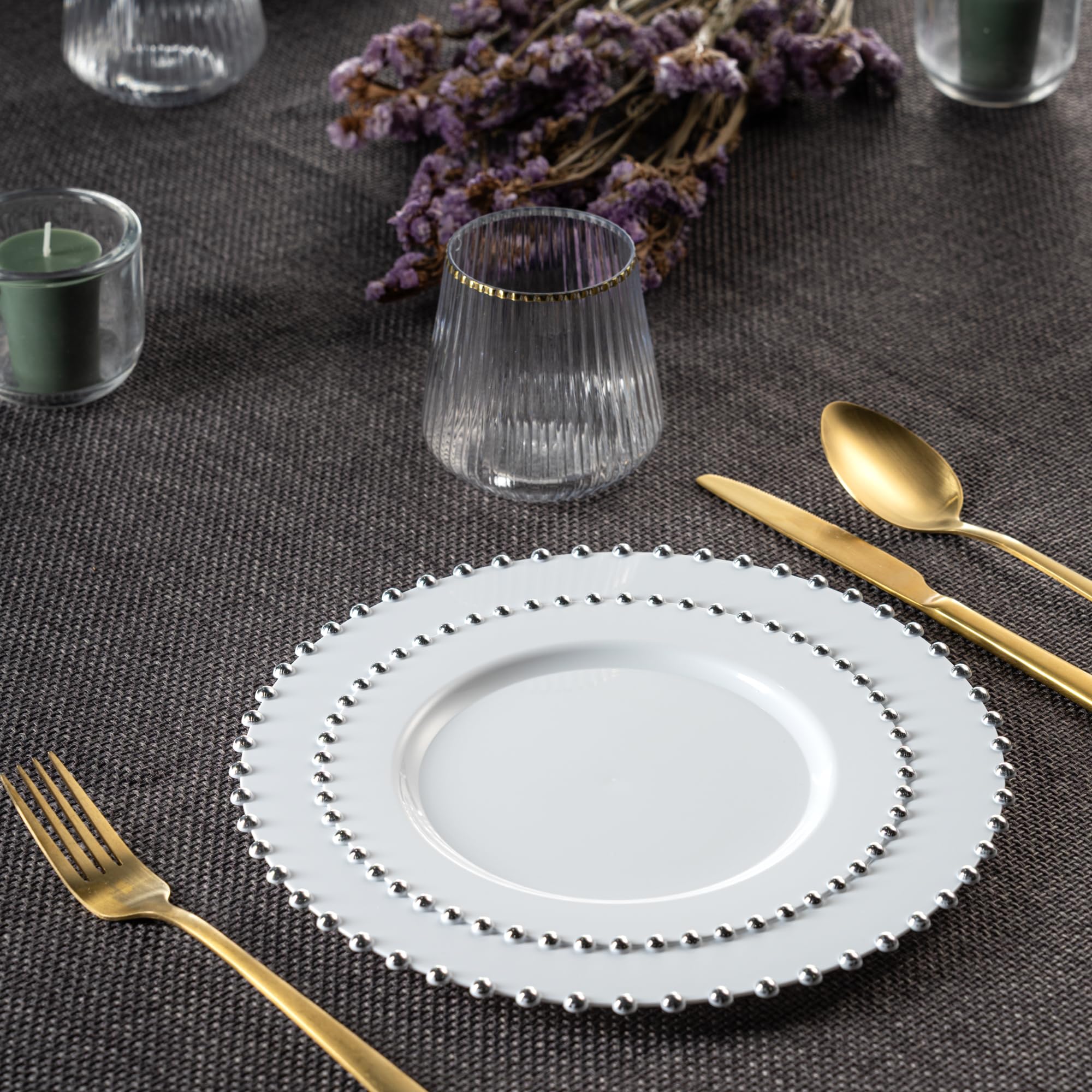 PLASTICPRO 32 Piece Combo Plastic Dinner Plates Disposable Plastic Fancy Heavy Duty Party Dishes 7 inch and 10 inch, White and Silver Beaded