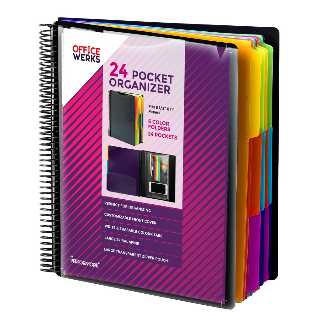 Performore 24 Pocket Spiral Project Organizer with 12 Dividers, Fits 8.5" X 11" Letter Size Papers Folder with Dividers, Front and Back Customizable Covers, Erasable Write On Tabs for Documents Files