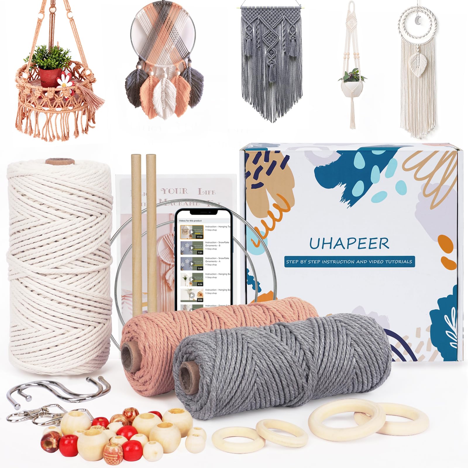 UHAPEER Macrame Kits for Adults Beginners with 656 Feet 3 mm Macrame Cotton Cord, DIY Macrame Plant Hanger Kit with Macrame Supplies and Instructions, Macrame Meads, Wooden Rings, Dream Catcher Rings