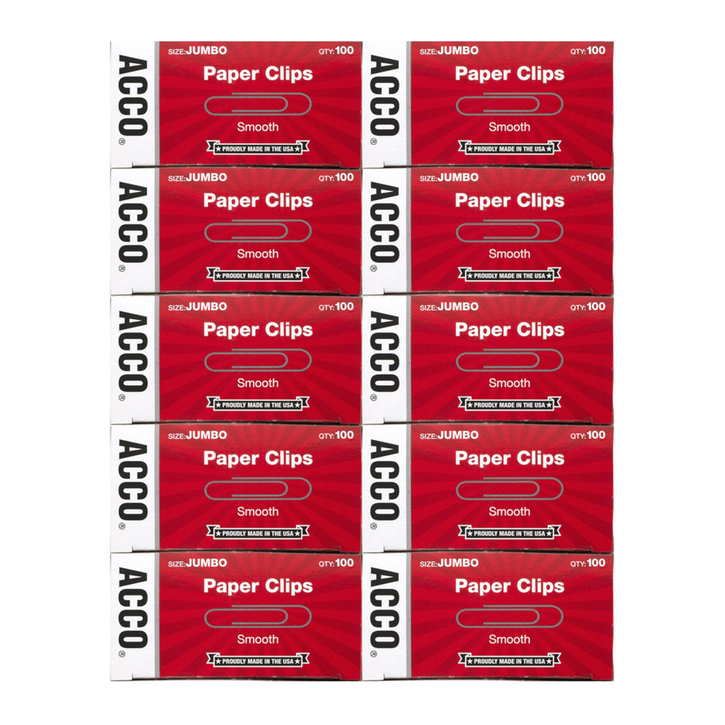 ACCO Paper Clips, Economy, Smooth, Jumbo, 100/Box, 10 Boxes (72580)