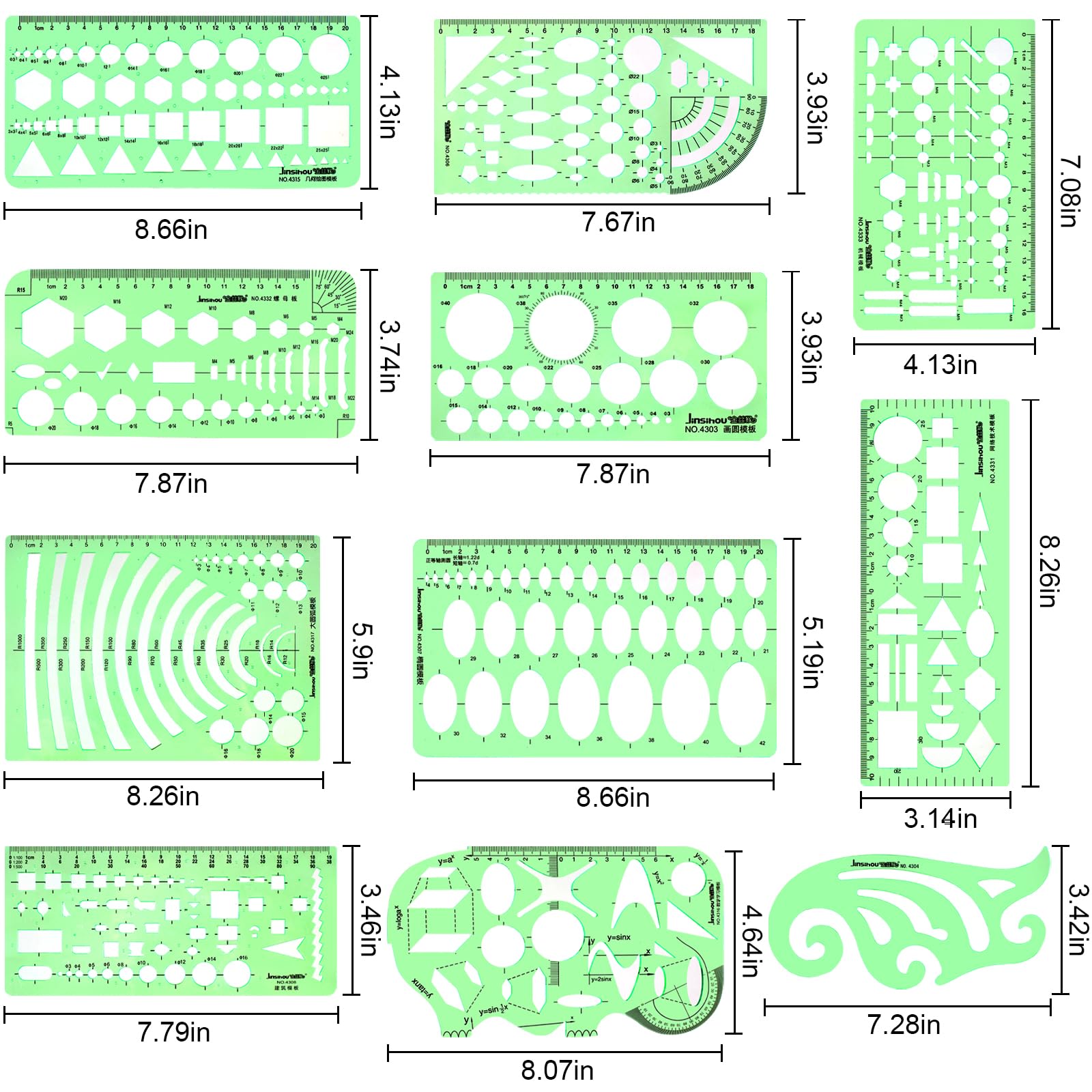 11PCS Geometric Drawings Templates, Drafting Stencils Measuring Tools, Transparent Green Plastic Ruler, for Architecture, Office, Studying, Designing