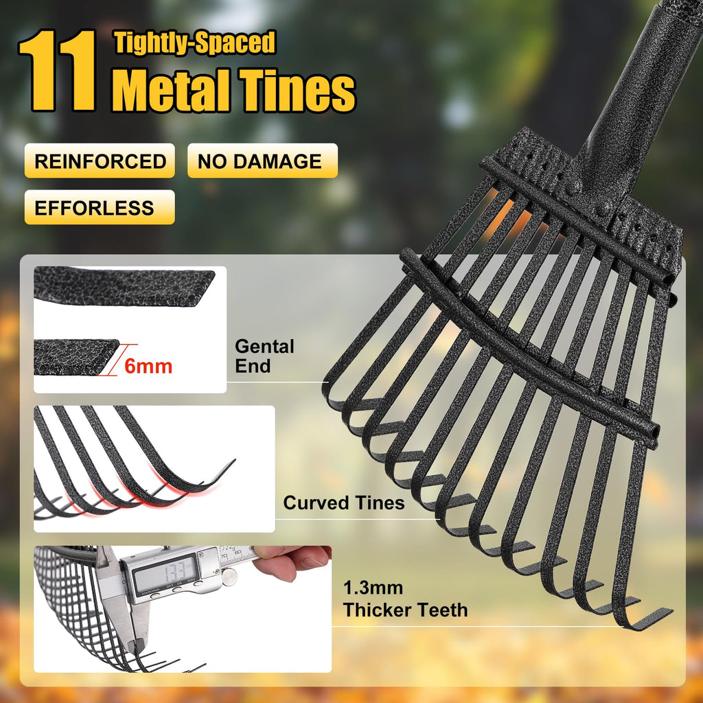 Garden Leaves Rake - 73 Inch Heavy Duty Small Shrub Rake - 11 Metal Tines - 8.5 inch Wide, Adjustable Handle,Garden Leaf Rakes for Collecting Debris Among Flower Beds, Delicate Plants, Lawns ,Yard