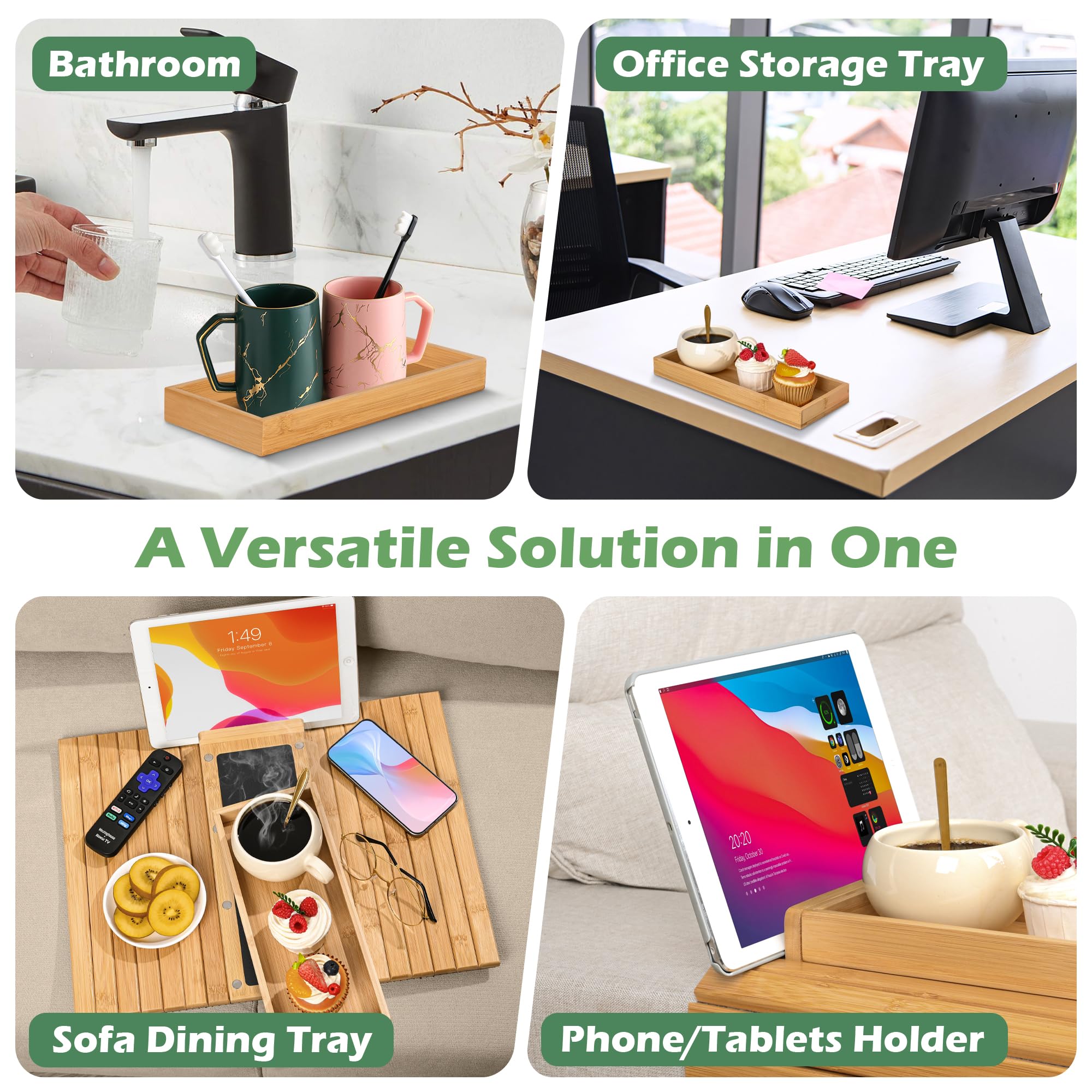Joy&Grace Couch Arm Tray, 3-in-1 Magnetic Detachable Sofa Arm Table with Phone and Tablet Holder Bamboo Couch Cup Holder, Foldable Sofa Armrest Tray for Eating, Drinks, Phones (Natural)