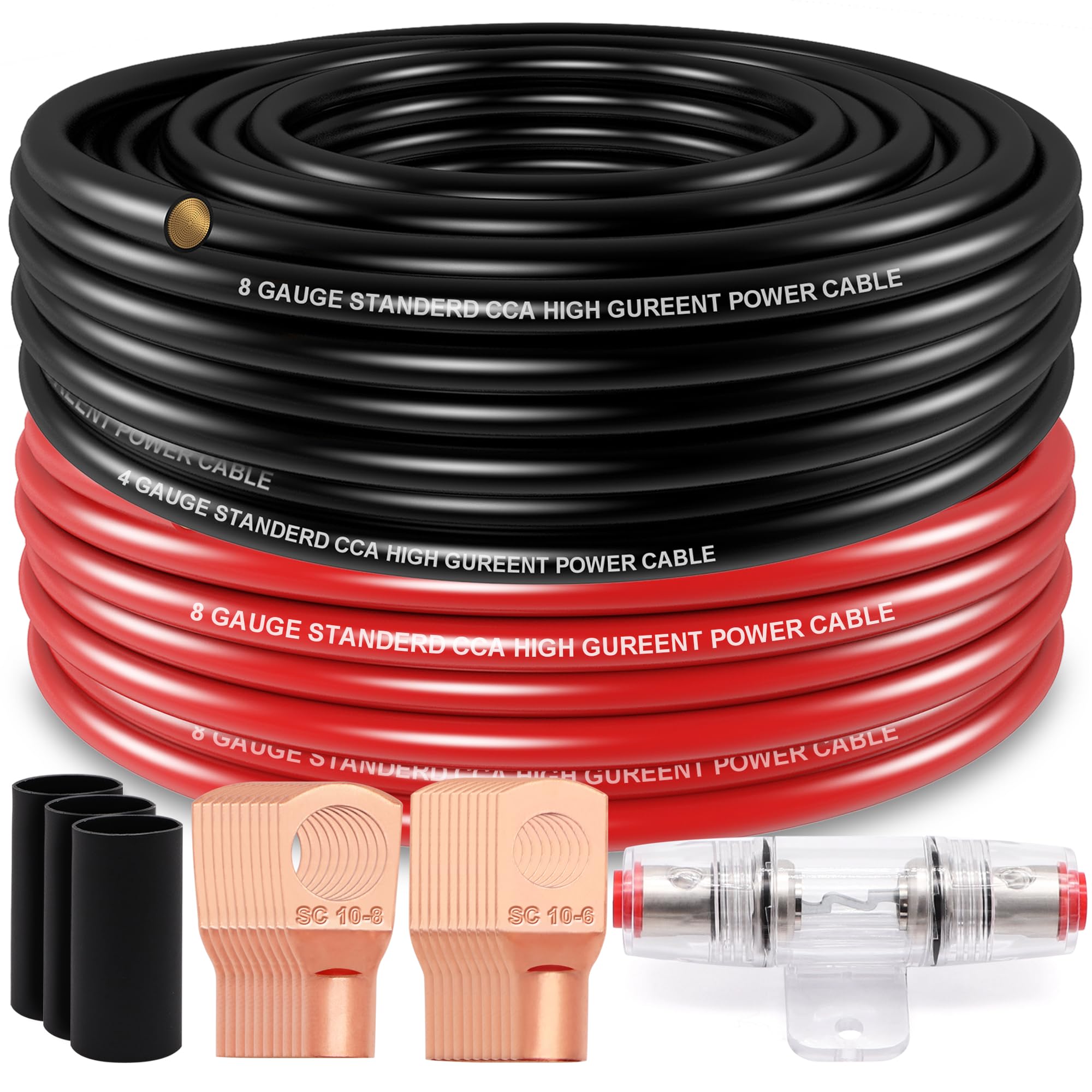 Taigoehua 50FT 8 Gauge Wire (25ft Each-Black/Red) Copper Clad Aluminum CAA- with 8ga lugs,60A Fuse Holder and Heat Shrink Tube, Car Amplifier Power & Ground Cable