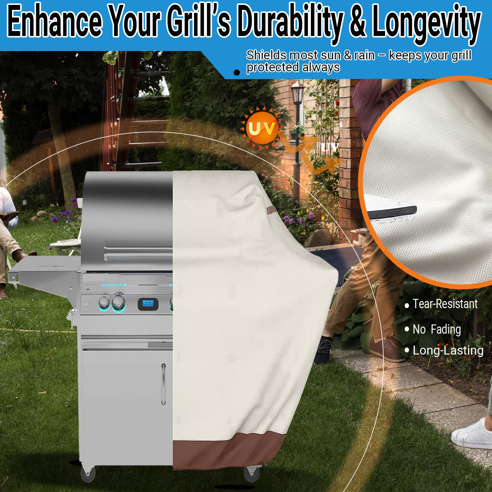 Grill Cover 58 inch, BBQ Outdoor Grill Covers Grade 420D Fabric Barbecue for Weber LX300, Dyna-Glo, Monument Grills Outdoor Furniture Covers (Beige & Brown)