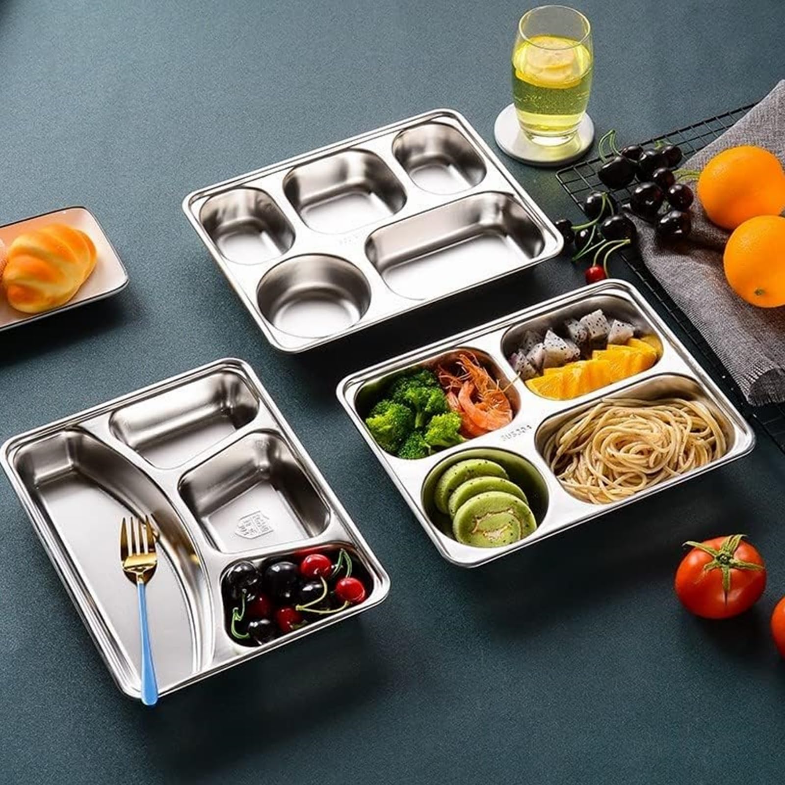 Tebery 3 Pack Stainless Steel Rectangular Divided Plates Tray, 5 Sections Dinner Plates for Adults,Kids, Picky Eaters, Campers, and Portion Control