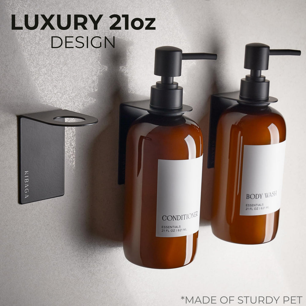Stylish Shampoo and Conditioner Dispenser Set of 3 - Modern 21oz Shower Soap PET Bottles for Drill Free Wall Mount - Easy to Refill Body Wash Dispensers for an Instant Bathroom Decor Upgrade