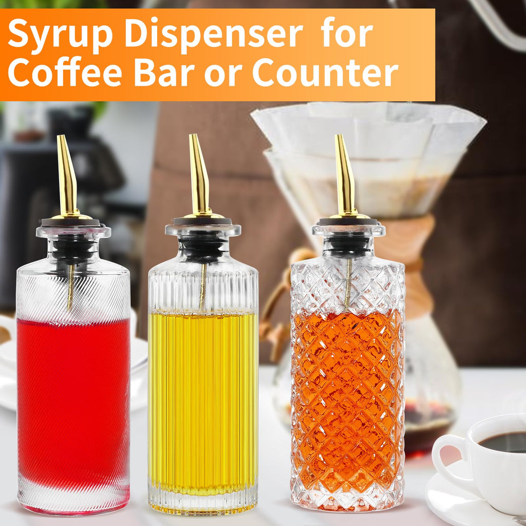 INFTYLE Coffee Syrup Dispenser Olive Oil and Vinegar Glass Bottle Set of 6 Ideal for Kitchen, Coffee Bar, Clear Simple Small Syrup Bottles, with Leak-Proof Lids, Pour Spout, Glass Stopper
