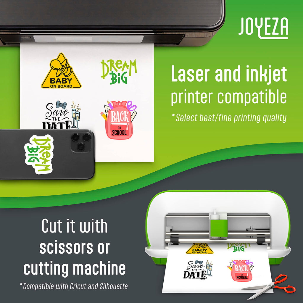 JOYEZA Premium Printable Vinyl Sticker Paper for Inkjet Printer - 25 Sheets Matte White Waterproof, Dries Quickly Vivid Colors, Holds Ink Well- Tear Resistant - Inkjet & Laser Printer