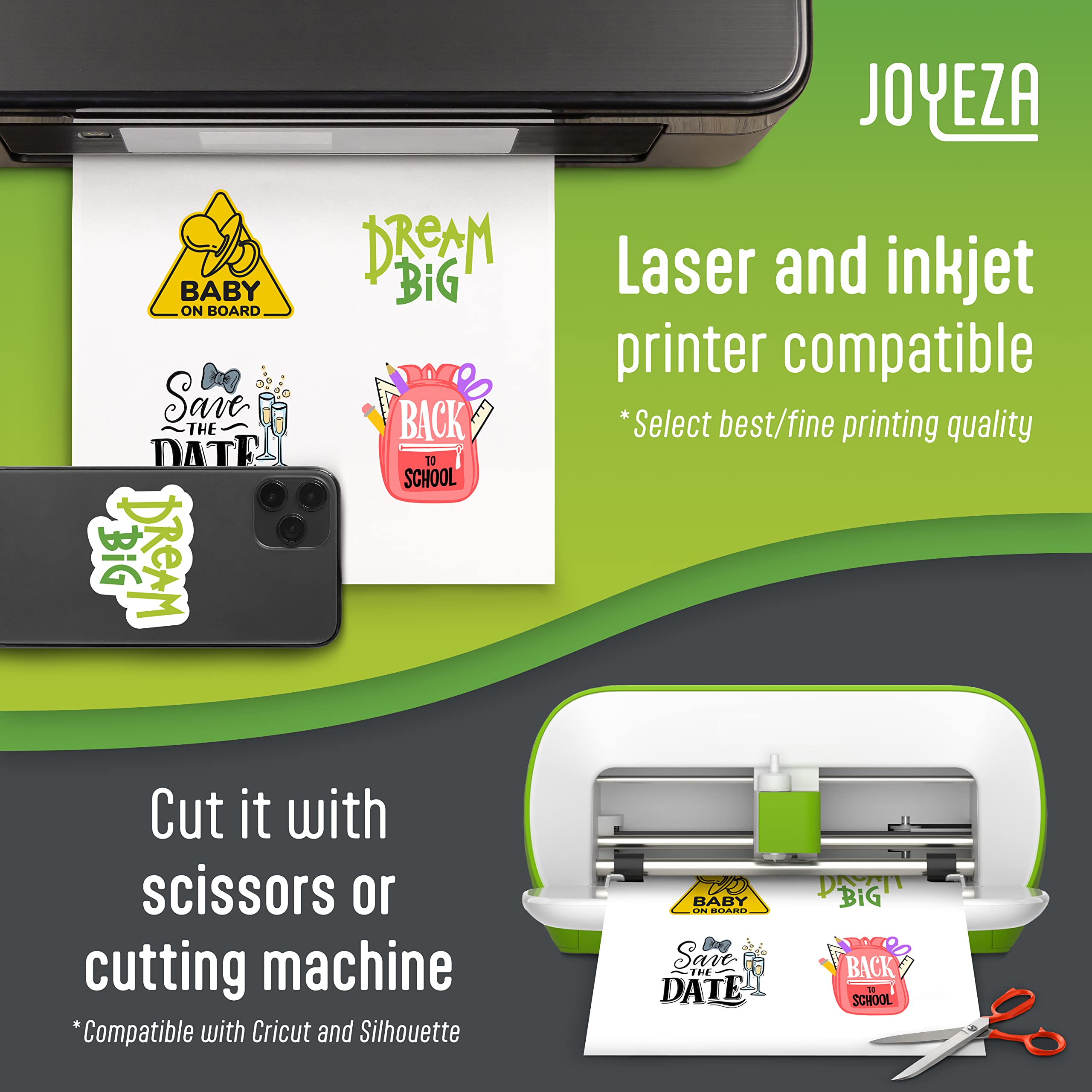 JOYEZA Premium Printable Vinyl Sticker Paper for Inkjet Printer - 25 Sheets Matte White Waterproof, Dries Quickly Vivid Colors, Holds Ink Well- Tear Resistant - Inkjet & Laser Printer