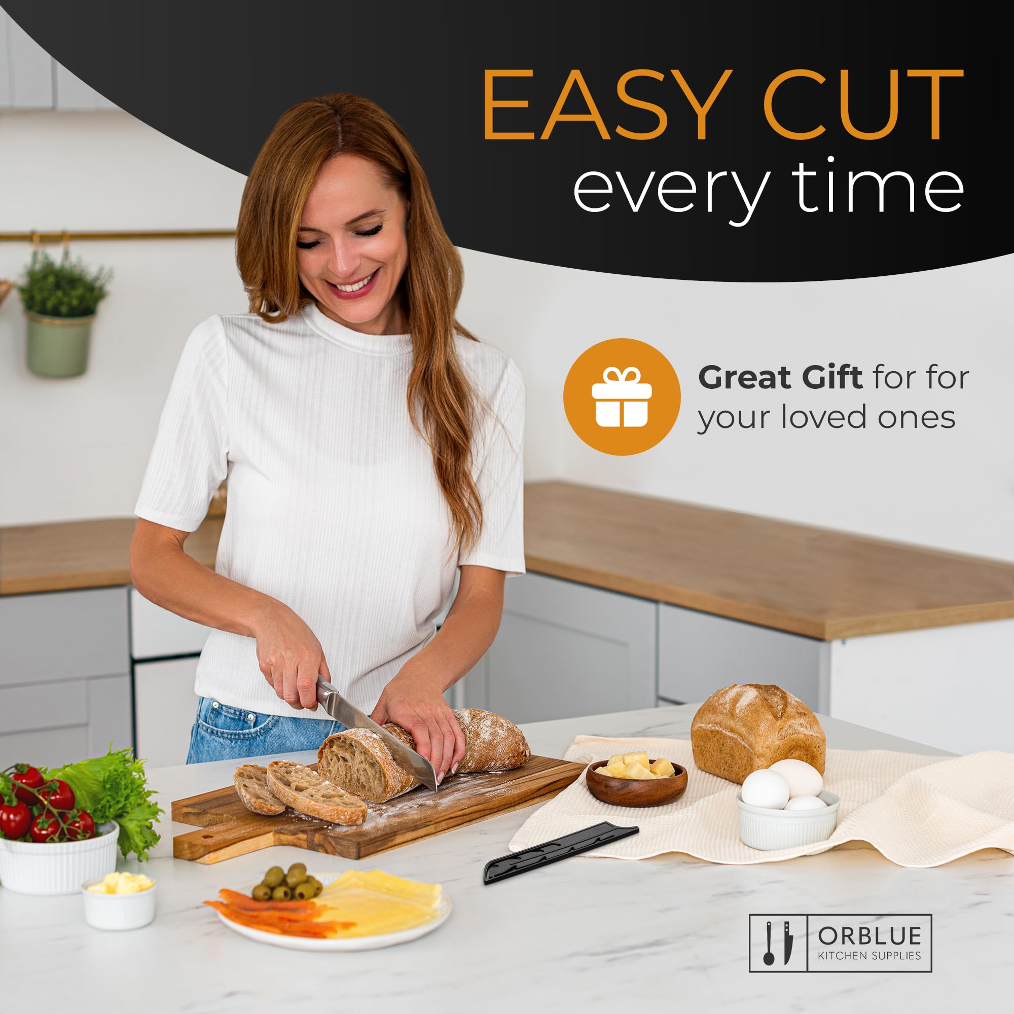 Orblue Serrated Bread Knife with Upgraded Stainless Steel Razor Sharp Wavy Edge Width - Bread Cutter Ideal for Slicing Homemade Bread, Bagels, Cake (8-Inch Blade with 5-Inch Handle)