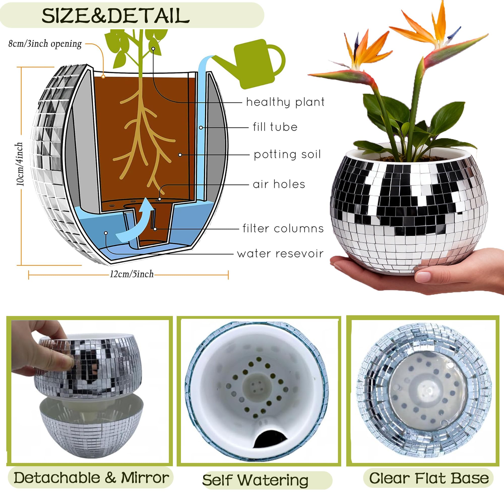 Qiumyanlod Disco Ball Planter,Disco Ball Vase,Disco Flower Pot,Plant Pots,Plant Holder,Silver Mirror Plastics Planter,Disco Decoration for Party, Office, Kitchen,5 x 5 x 4 inch