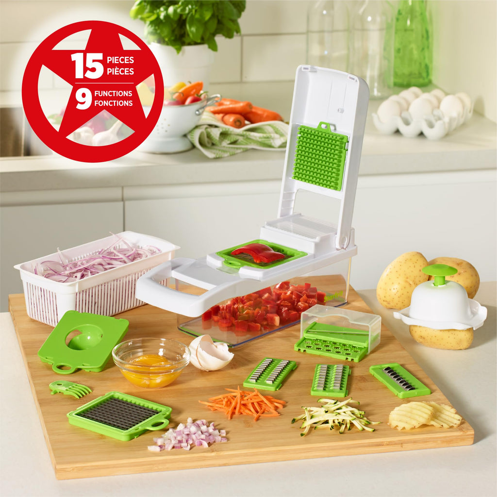 Starfrit Veggie Chopper Dicer Grater Slicer – 15-PC - 7 Interchangeable Blades - 9 Functions - Onion Chopper, Potato Slicer, Carrot Grater, Ginger Grater - Draining Basket and Container