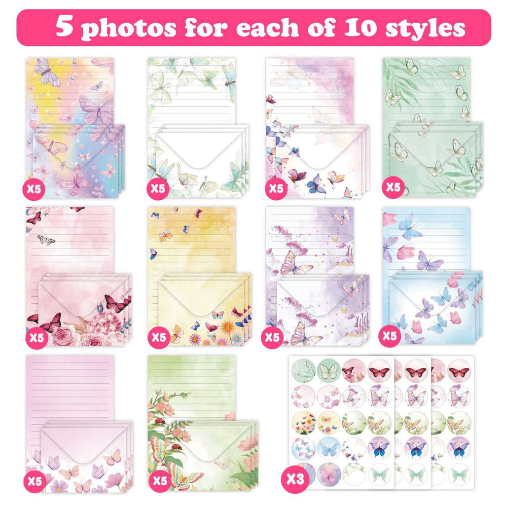 160 Pcs Watercolor Stationery Paper and Envelopes Set, 50 Pcs Butterfly Letter Writing Paper 50 Pcs Matching Envelopes Flower Lined Stationary Paper for Party Girls Office School Supplies