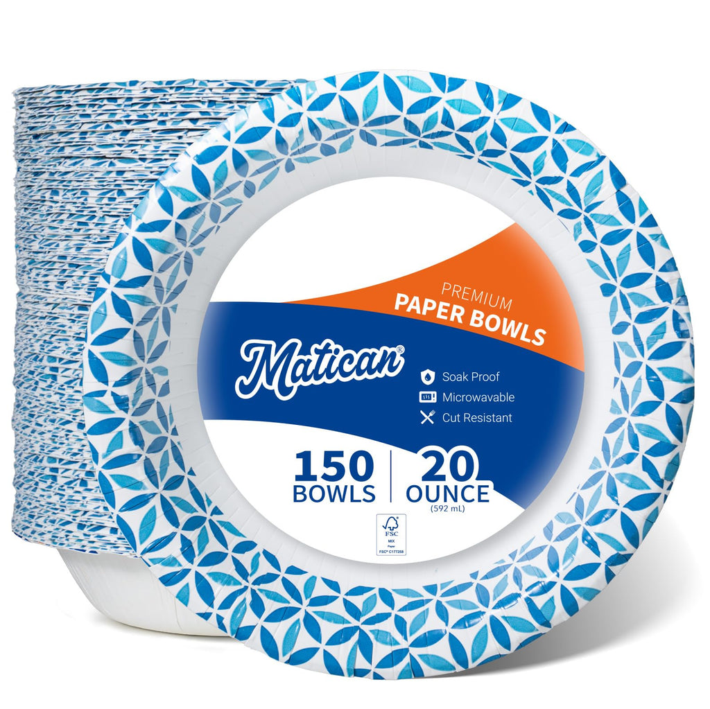 Paper Bowls, 591 ml, 150-Count, Microwave-Safe, Soak-Proof, Disposable Bowls with Infinity Petal Design, Great for Soup, Salad, Snacks, and Meals