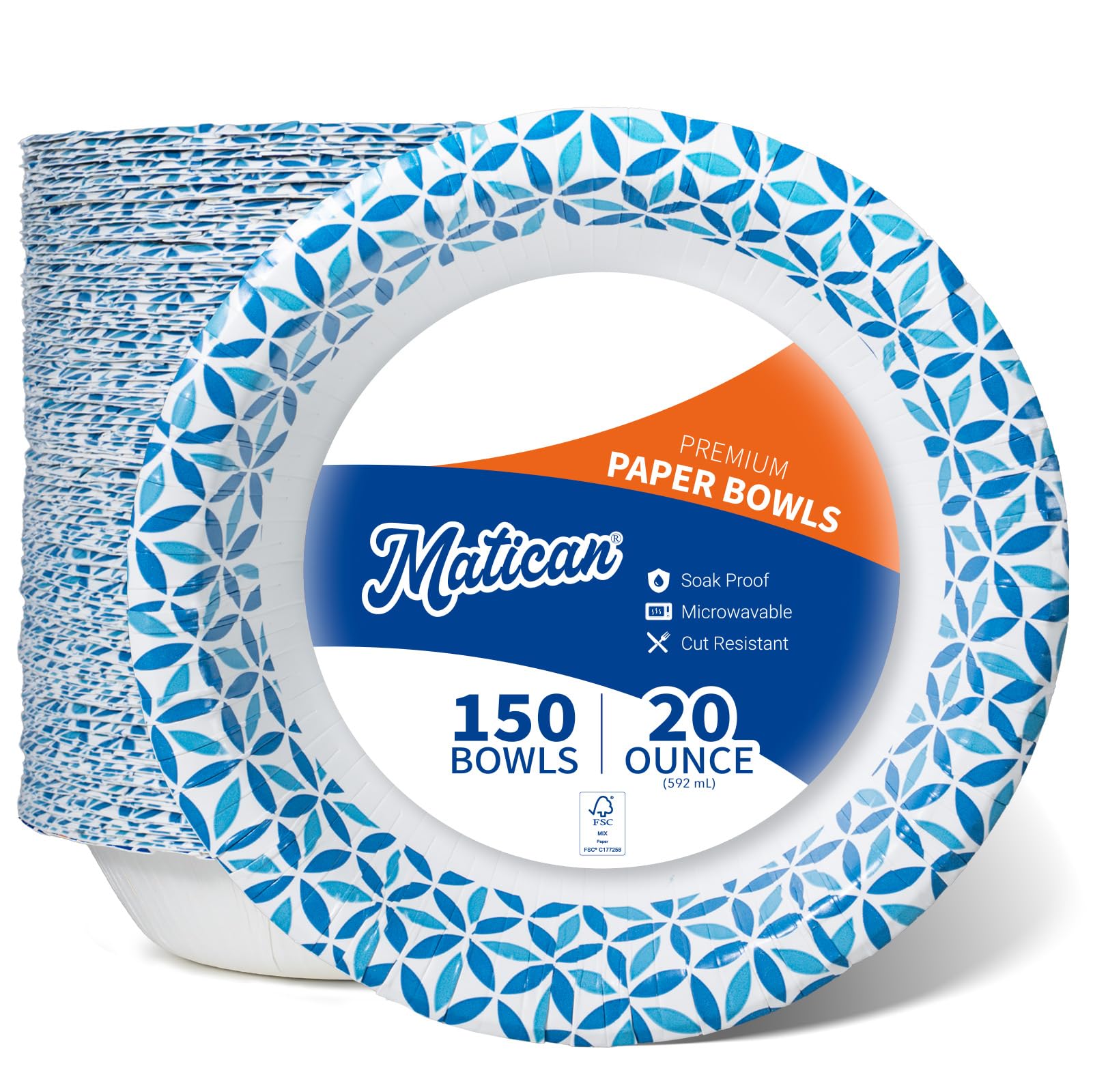 Paper Bowls, 591 ml, 150-Count, Microwave-Safe, Soak-Proof, Disposable Bowls with Infinity Petal Design, Great for Soup, Salad, Snacks, and Meals