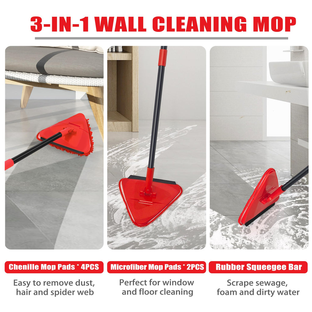 NEWE Wall Mop Cleaner, 80 inches Long Handle, 180° Folding Ceiling Cleaning Tool with Squeegee for Washing Painted Walls, Triangle Baseboard Scrubber with 3 Chenille Duster and 3 Microfiber Pads (Red)