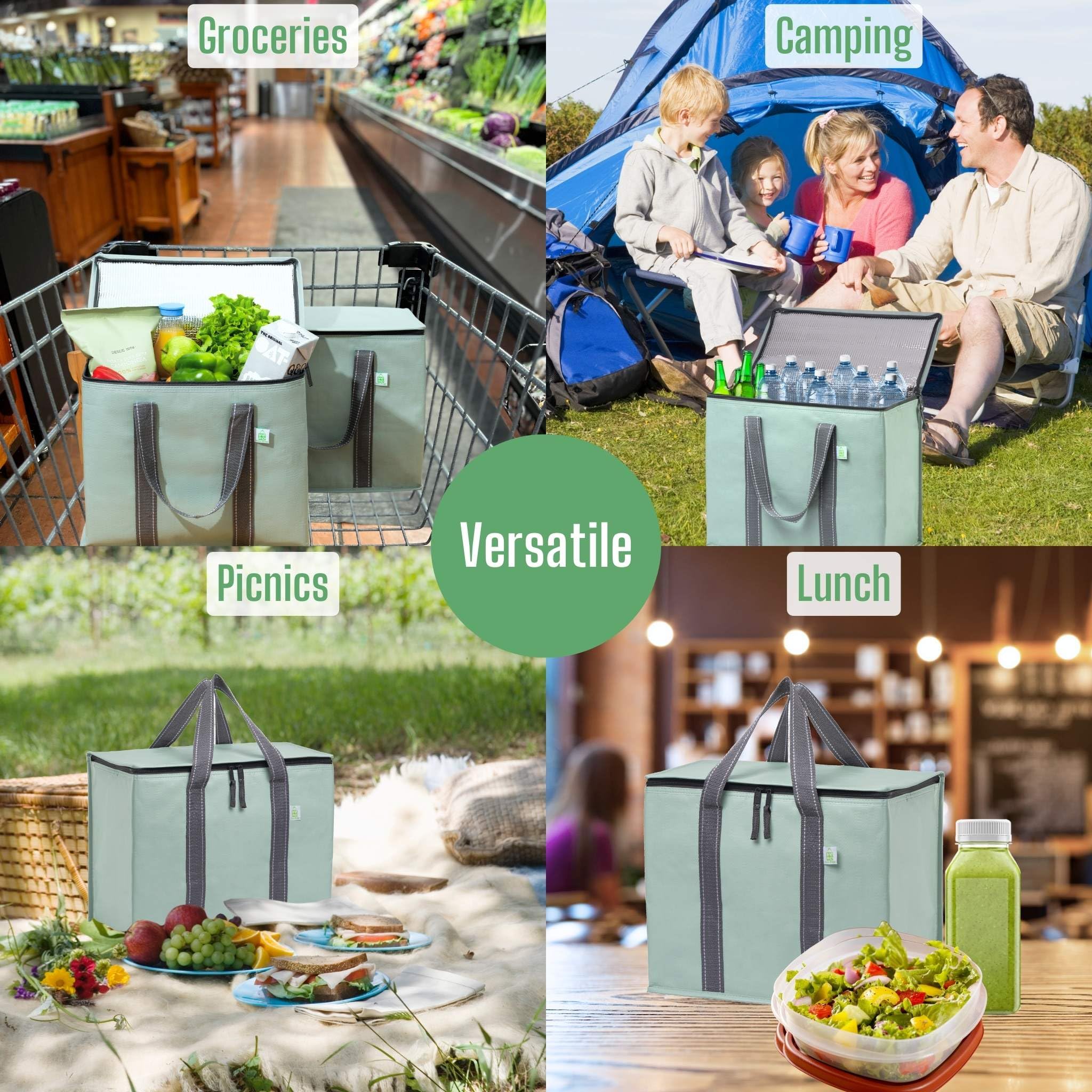 VENO 2 Pack Cooler Bag and Insulated Grocery Bags for Food Delivery, Collapsible Cooler Reusable Shopping Bags for Groceries with Hard Bottom, Zippered, Foldable, Heavy-Duty (Light Green, 2 Pack)