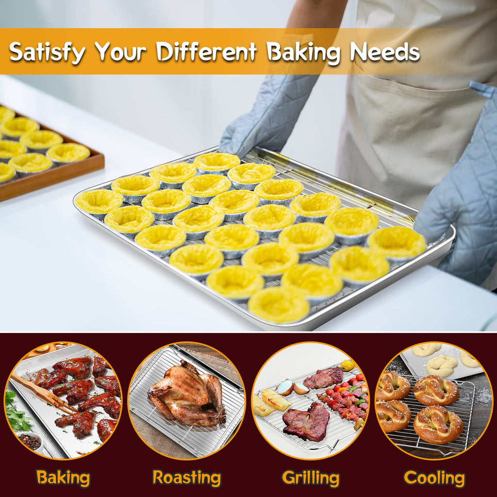 17.3 Inch Large Baking Sheet and Rack Set, P&P CHEF Half Stainless Steel Cookie Sheet Baking Pan with Cooling Rack for Cooking/Roasting, Non-Toxic & Bake Evenly, Oven & Dishwasher Safe