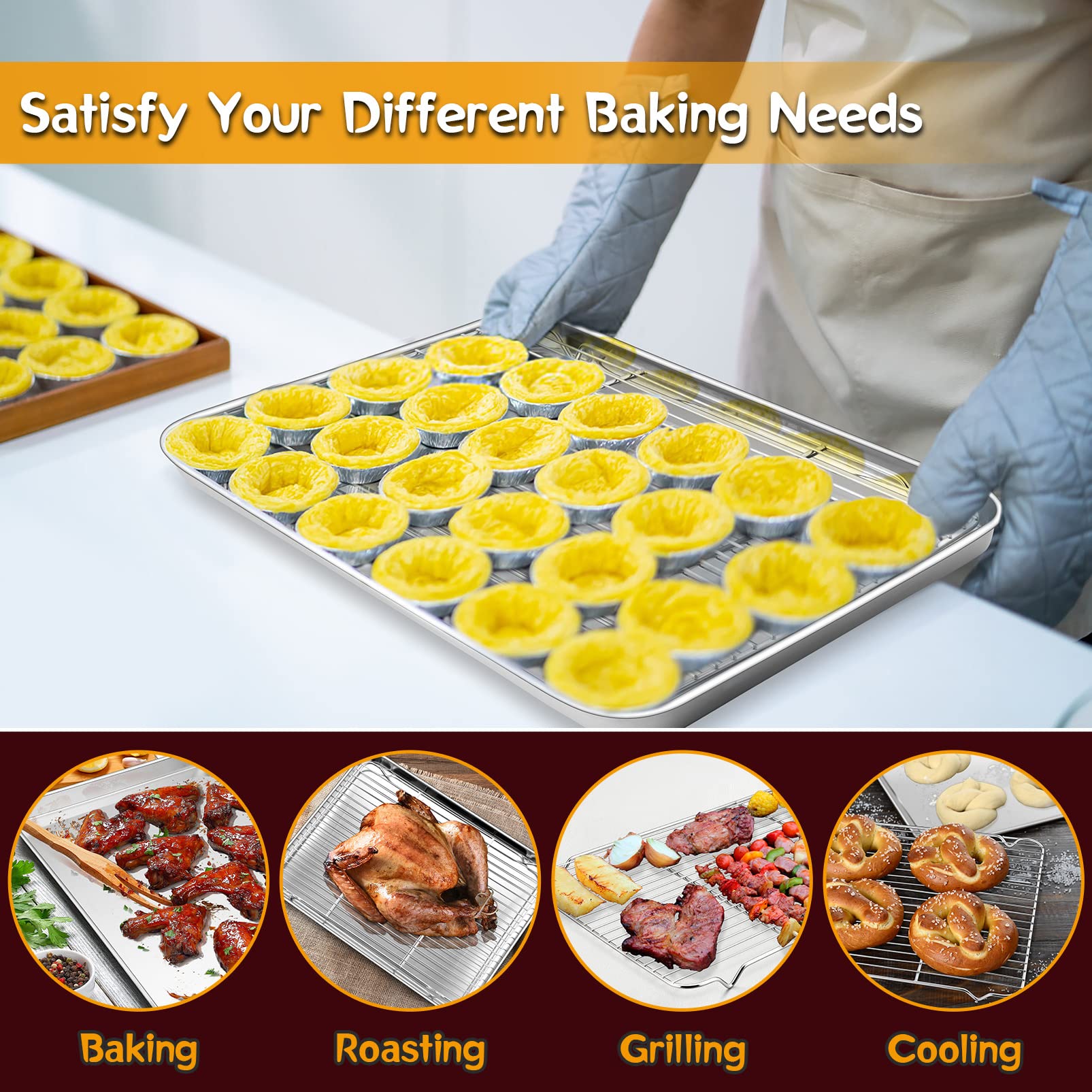17.3 Inch Large Baking Sheet and Rack Set, P&P CHEF Half Stainless Steel Cookie Sheet Baking Pan with Cooling Rack for Cooking/Roasting, Non-Toxic & Bake Evenly, Oven & Dishwasher Safe