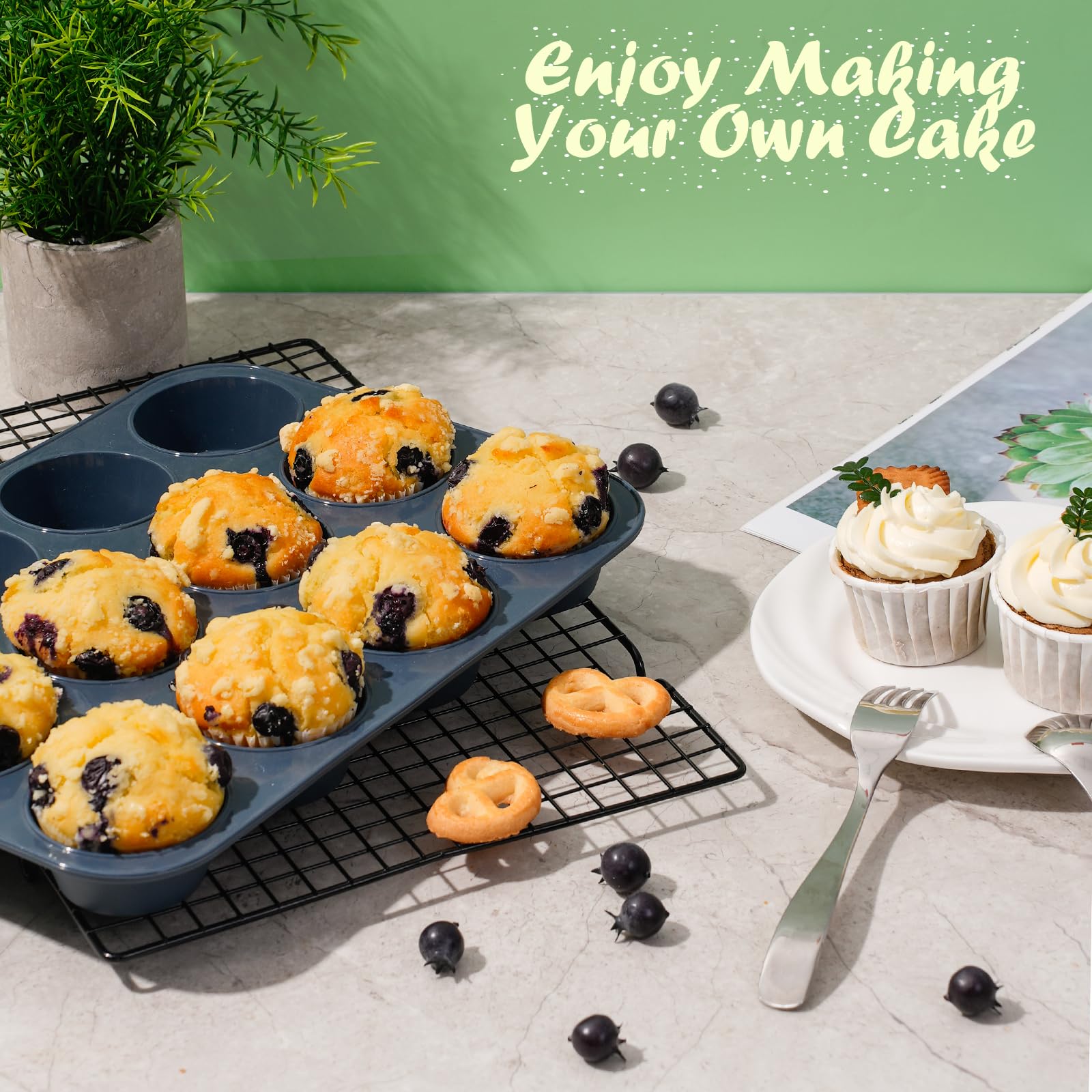 Vnray 2 Pack Silicone Muffin Baking Pan & Cupcake Tray 12 Cup - Nonstick Cake Molds/Tin, Silicon Bakeware, BPA Free, Dishwasher & Microwave Safe by Vnray (12 Cup Size, Grey)