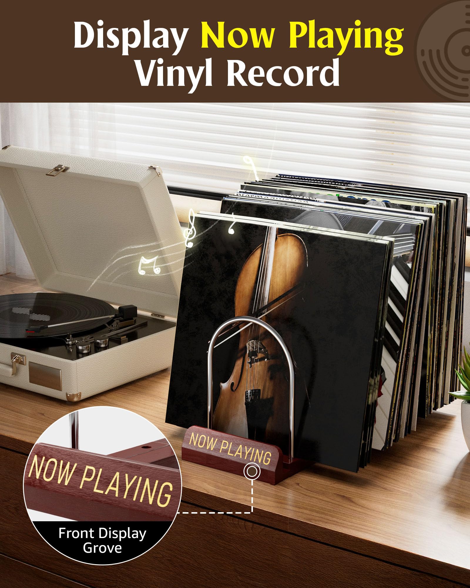 HULISEN Expandable Vinyl Record Storage, 30-70 LPs Adjustable Now Playing Record Holder for Albums, Wood Now Spinning Vinyl Record Stand Display Rack Organizer, Gift Package, Effortless Assembly