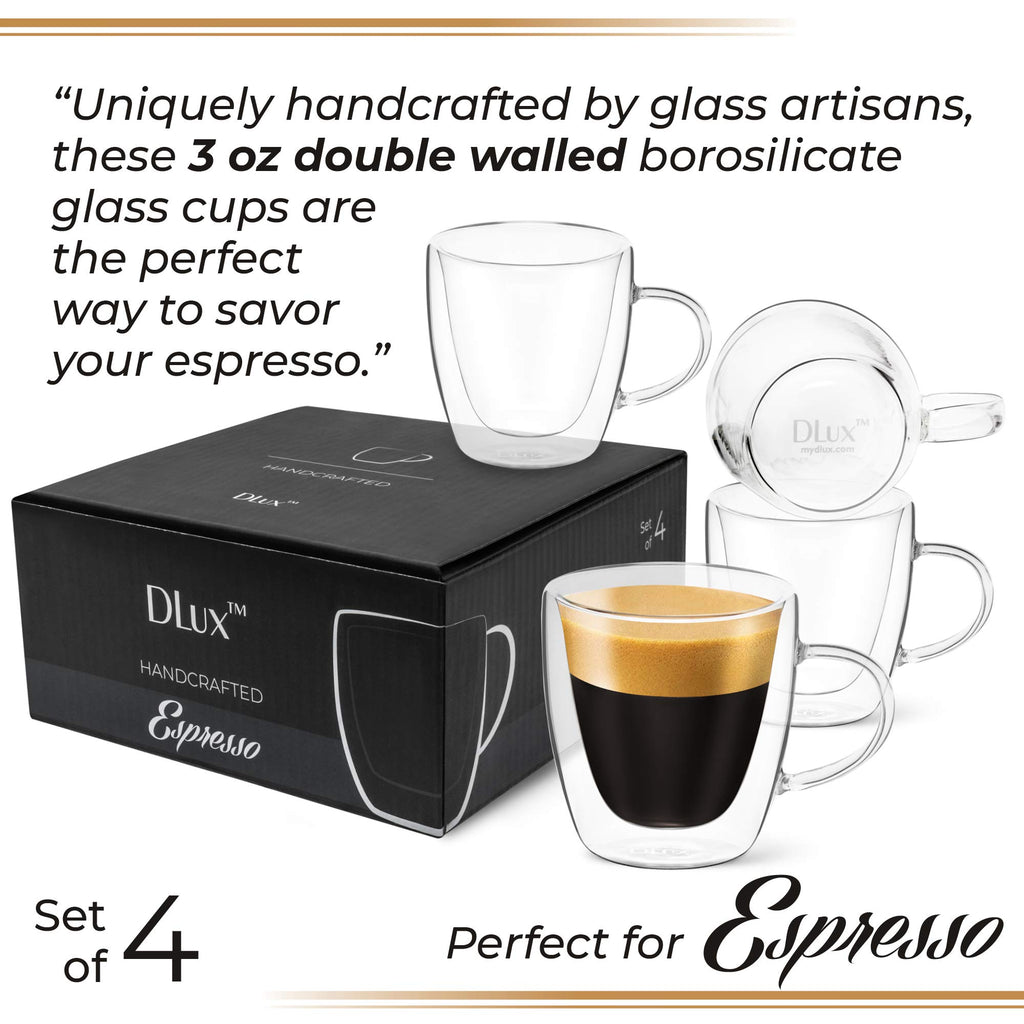 DLux Espresso Coffee Cups 80ml, Double Wall, Clear Glass Set of 4 3oz Glasses with Handles, Insulated Borosilicate Glassware Tea Cup