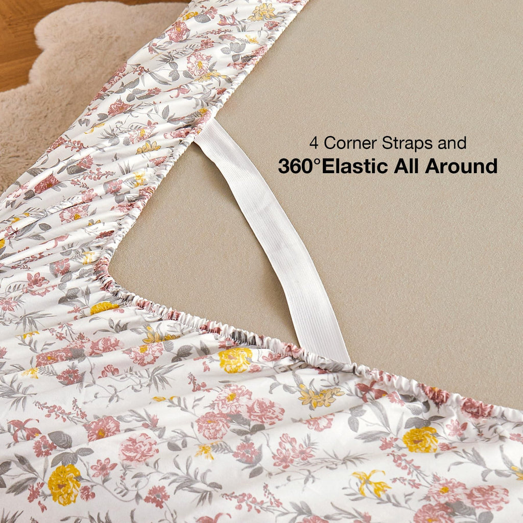Viviland Floral King Sheet Set - 4 Piece Vintage Pink & Yellow Flower Patterned Bed Sheets - Soft, Breathable Microfiber Sheets with Deep Pocket, Non-Slip Fitted Sheets & Pillowcases