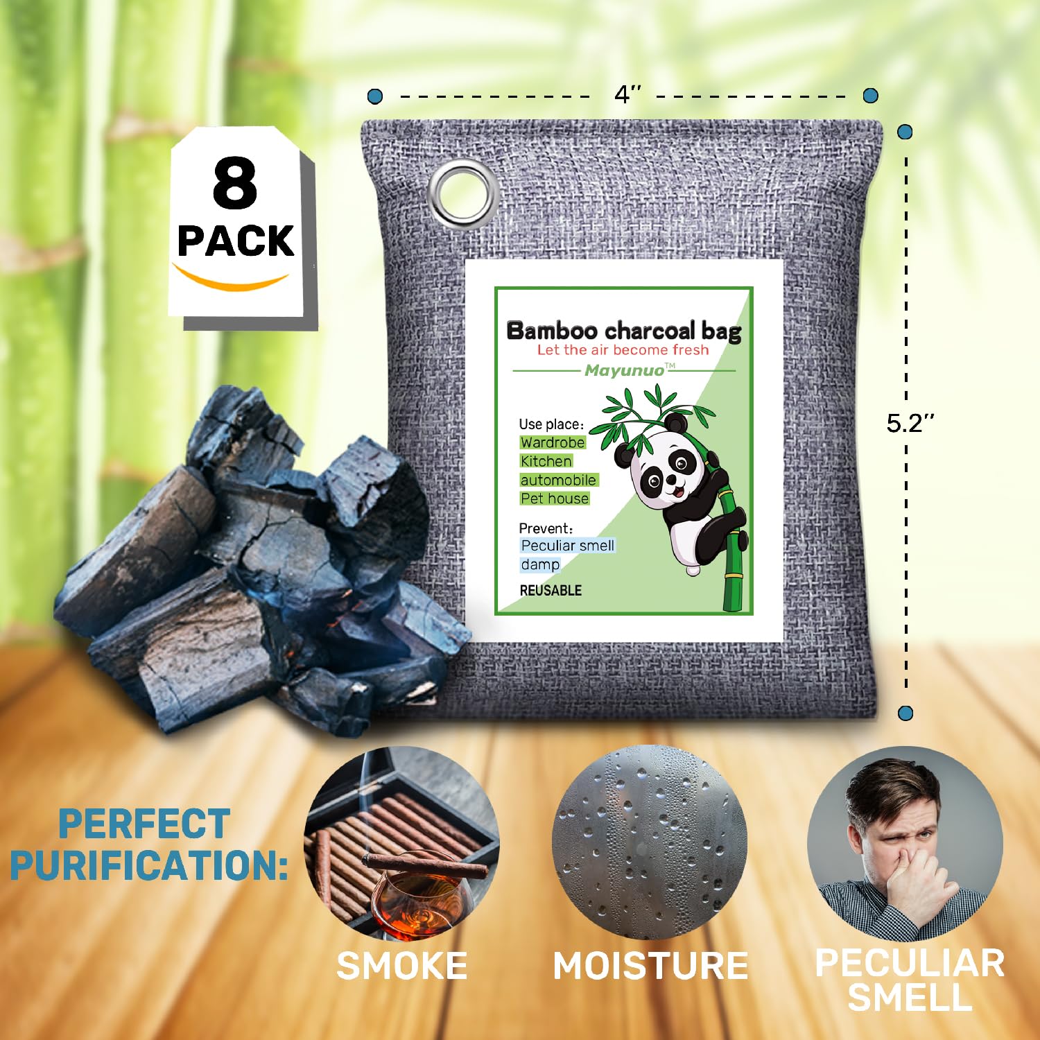 Mayunuo Activated Charcoal Odor Absorber for Strong Odor in Basement, Cars, Closets, Smoke, Shoes. 8 Pack Bamboo Charcoal Air Purifying Bags Deodorizer Odor Eliminator for Home