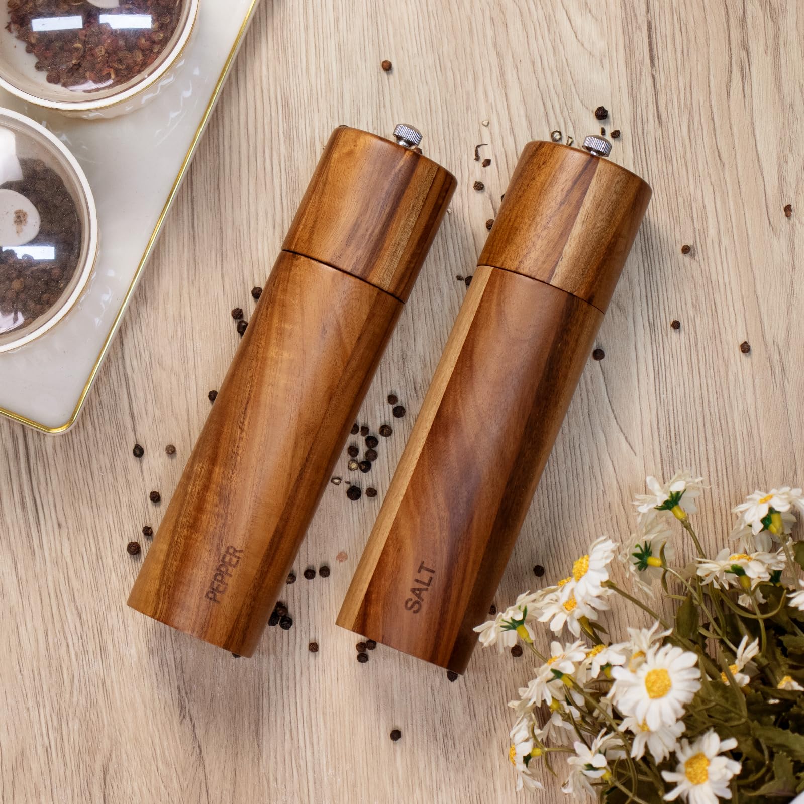 2 Pack Acacia Wooden Salt and Pepper Grinder Set, 8 Inches Refillable Salt and Pepper Mills with Adjustable Coarseness & Ceramic Core, Wood Peppercorn Shaker Salt Grinders Tableware Birthday Gifts