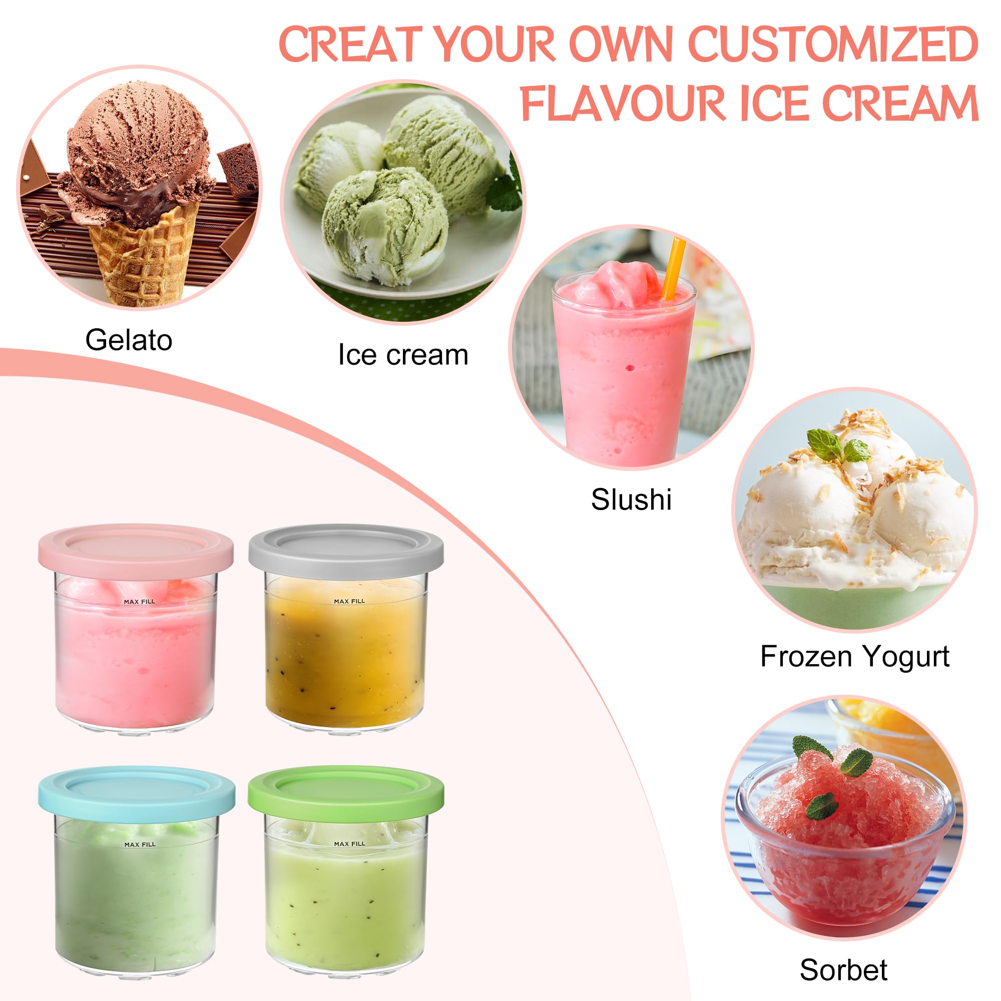 Containers Replacement for Ninja Creami Pints and Lids - 4 Pack, 16oz Cup Compatible with NC301 NC300 NC299AMZ Series Ice Cream Maker, BPA Free Dishwasher Safe Leak Proof