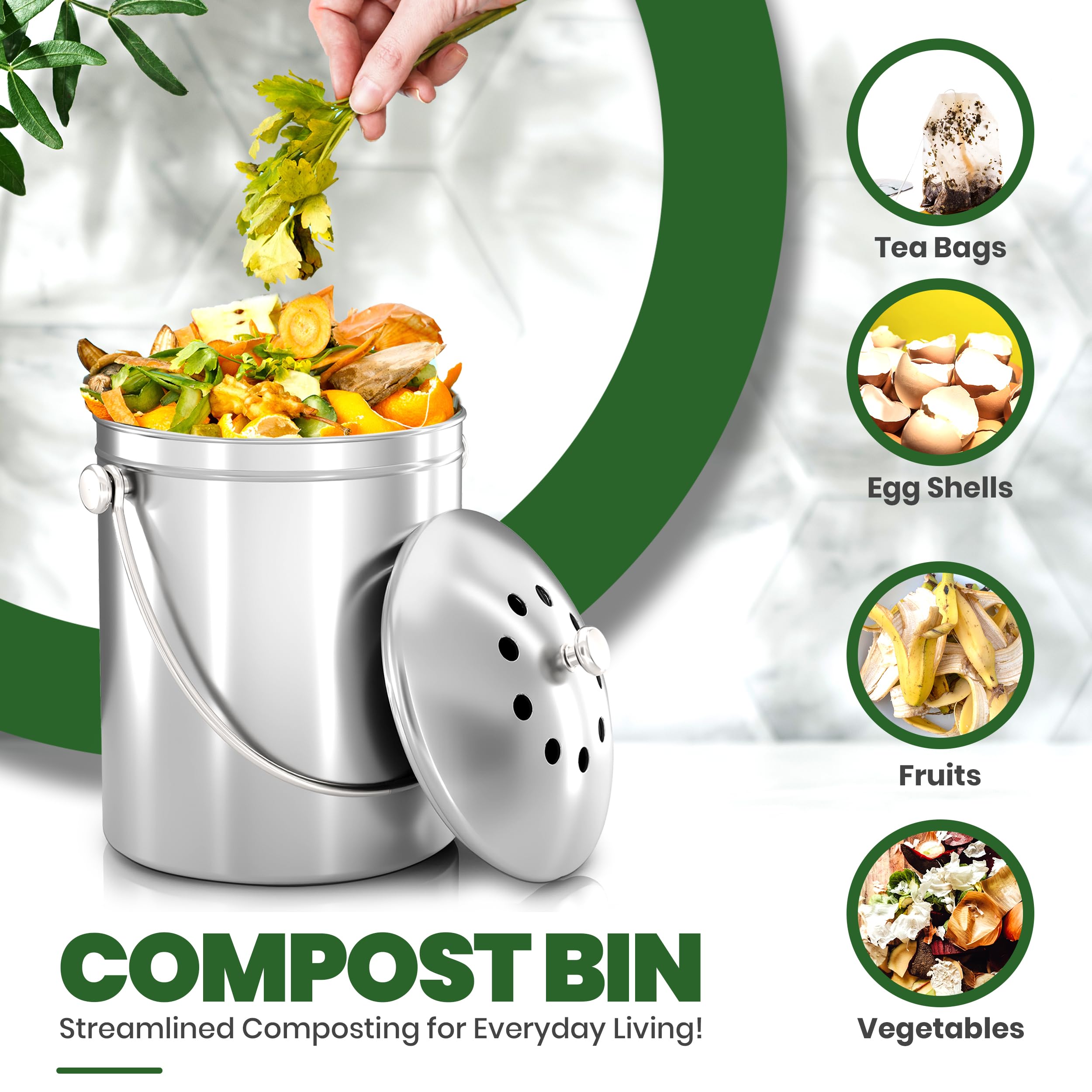 KICHLY Compost Bin, Stainless Steel Bin for Kitchen Countertop, 1.3 Gallon Composting Bucket, Compost Pail with Lid, Includes 1 Spare Charcoal Filter, Silver