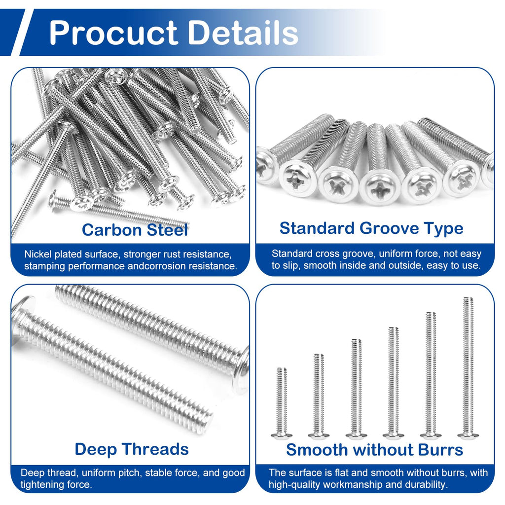 125Pcs Cabinet Pulls Knobs Screws, M4 Machine Screws Assortment Kit, M4x25/30/35/40/45/50mm, Metal Phillips Machine Screws with Pan Washer Head for Drawer, Cupboard, Closet Handle Installation