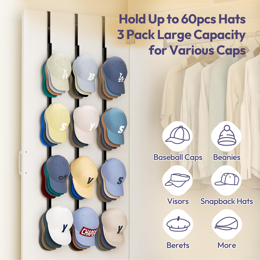 SWTYMIKI Over Door Hat Organizer - 3 Packs Metal Hanging Hat Rack with 12 Hooks Design, Hat Racks for Baseball Caps Hanger Organizer Storage Holds up to 60 Caps for Door, Bedroom, Closet