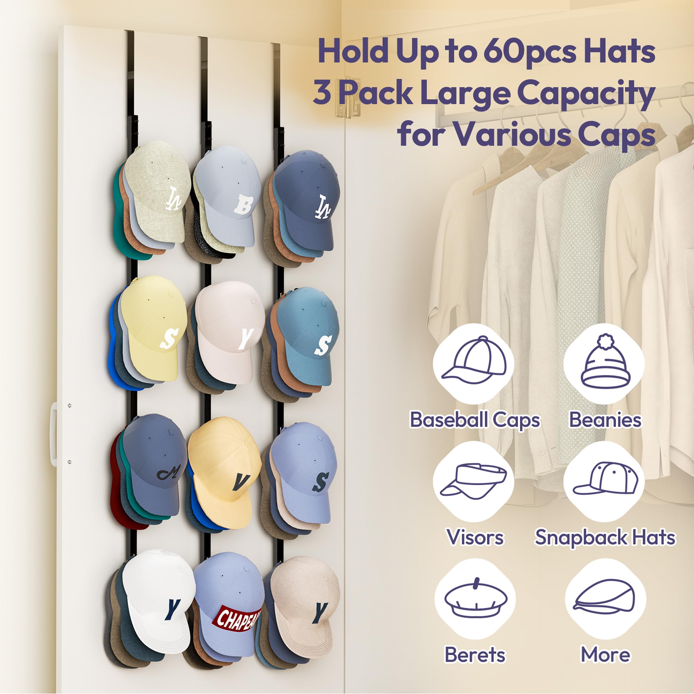 SWTYMIKI Over Door Hat Organizer - 3 Packs Metal Hanging Hat Rack with 12 Hooks Design, Hat Racks for Baseball Caps Hanger Organizer Storage Holds up to 60 Caps for Door, Bedroom, Closet