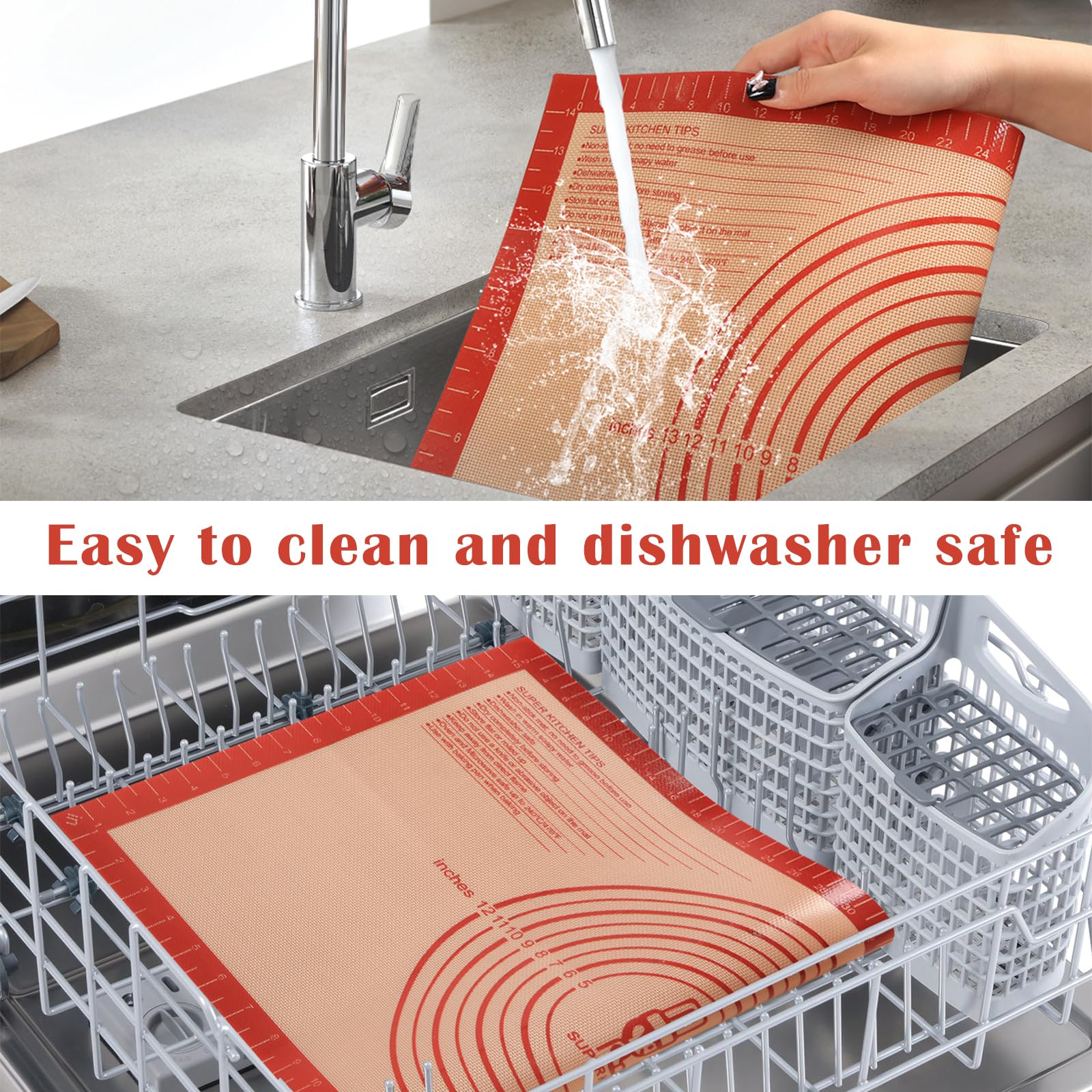 Non-Slip Silicone Pastry Mat Extra Large with Measurements 28''by 20'' for Baking Mat, Counter, Dough Rolling, Oven Liner,Fondant/Pie Crust by Folksy Super Kitchen (Red,20×28