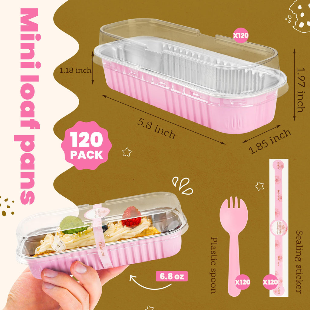 NPLUX Mini Loaf Pans with Lids and Spoons Rectangular Aluminum Foil Baking Pans Mini Cheesecake Containers 6.8oz Mothers Day Party Favors(120 Pack, Pink)