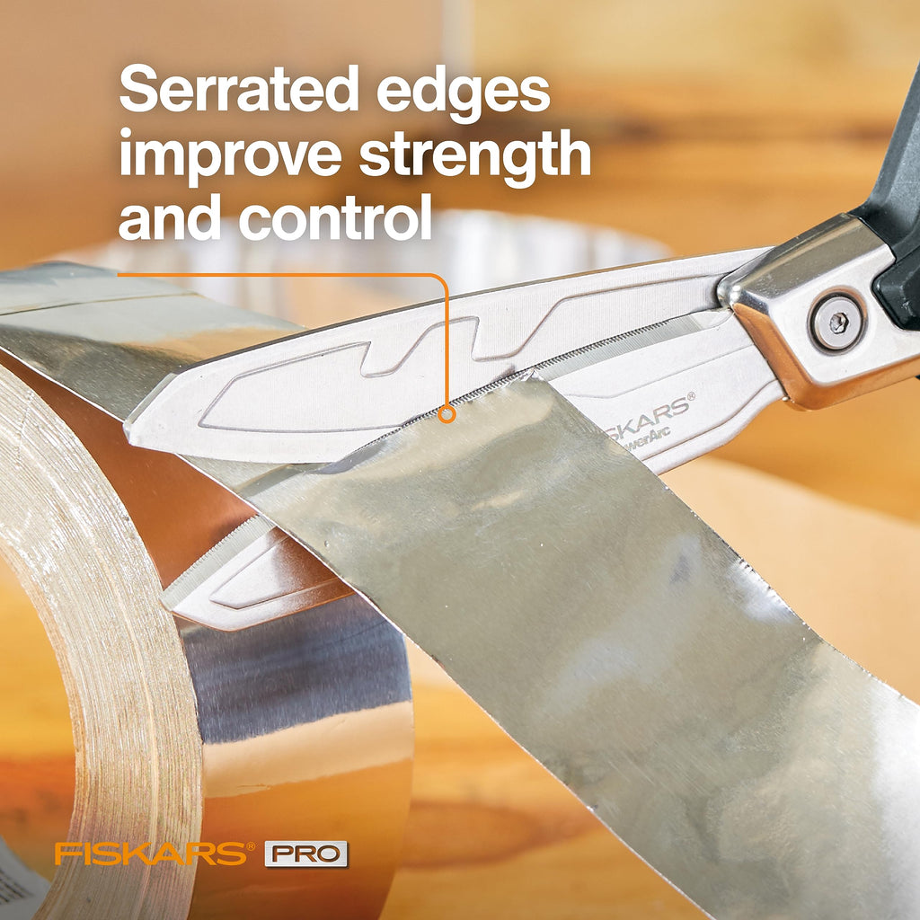 Fiskars Pro PowerArc Shop Shears, Heavy Duty Stainless Steal Scissor, Industrial Grade Tool for Building and Construction, 10 in, Orange/Black