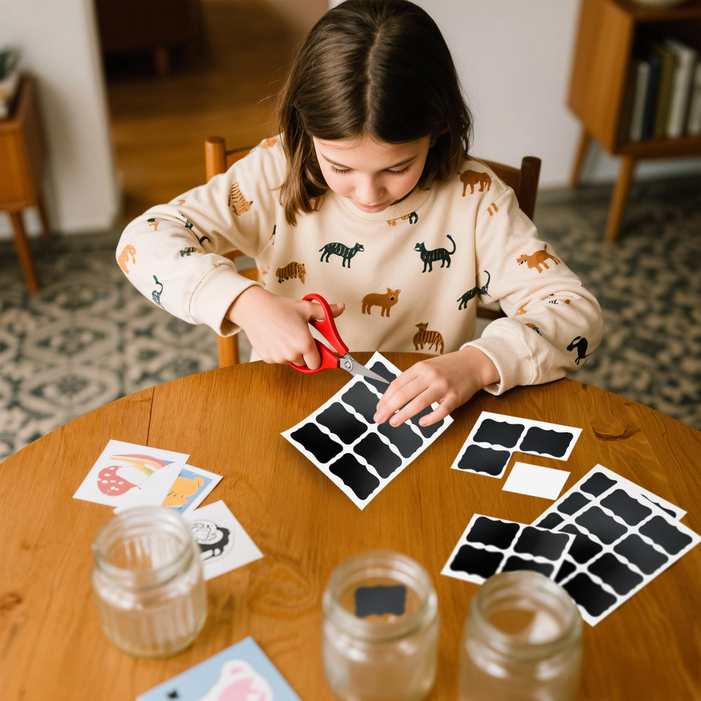 DECOMOMO Labels for Storage Bins – 20 Clip on Chalkboard Labels & 32 Removable Sticker Labels with White Chalk Marker